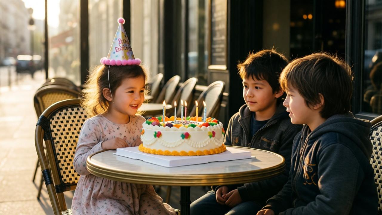 A poignant scene at a sun-drenched restaurant patio. A little girl in a birthday hat sits at a small, round table, smiling warmly as she shares a large, beautifully decorated birthday cake with two homeless children who have approached from the street. The mood is one of innocent generosity and quiet joy. Soft, golden-hour lighting casts long shadows, highlighting the vibrant colors of the cake and the children's hopeful expressions. Composition is centered on the act of sharing, with the restaurant's elegant facade blurred in the background. Perspective is at eye level, creating an intimate feel.