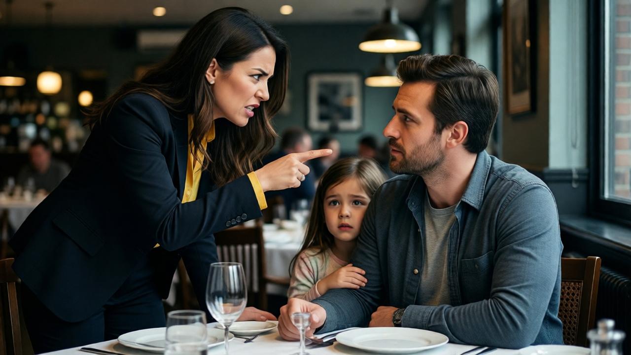 A dramatic confrontation at a restaurant table. A well-dressed woman stands, her face contorted in anger, pointing accusingly at a calmly seated man in casual clothes. A little girl hides slightly behind the man, looking frightened. The mood is tense and revealing. Lighting is dramatic, with sharp contrasts from the interior restaurant lights, highlighting the shock on the woman's face and the resolve on the man's. Colors are muted except for the woman's bright outfit. Composition uses the rule of thirds, placing the arguing pair off-center. Perspective is from a nearby table, as if witnessing the scene.
