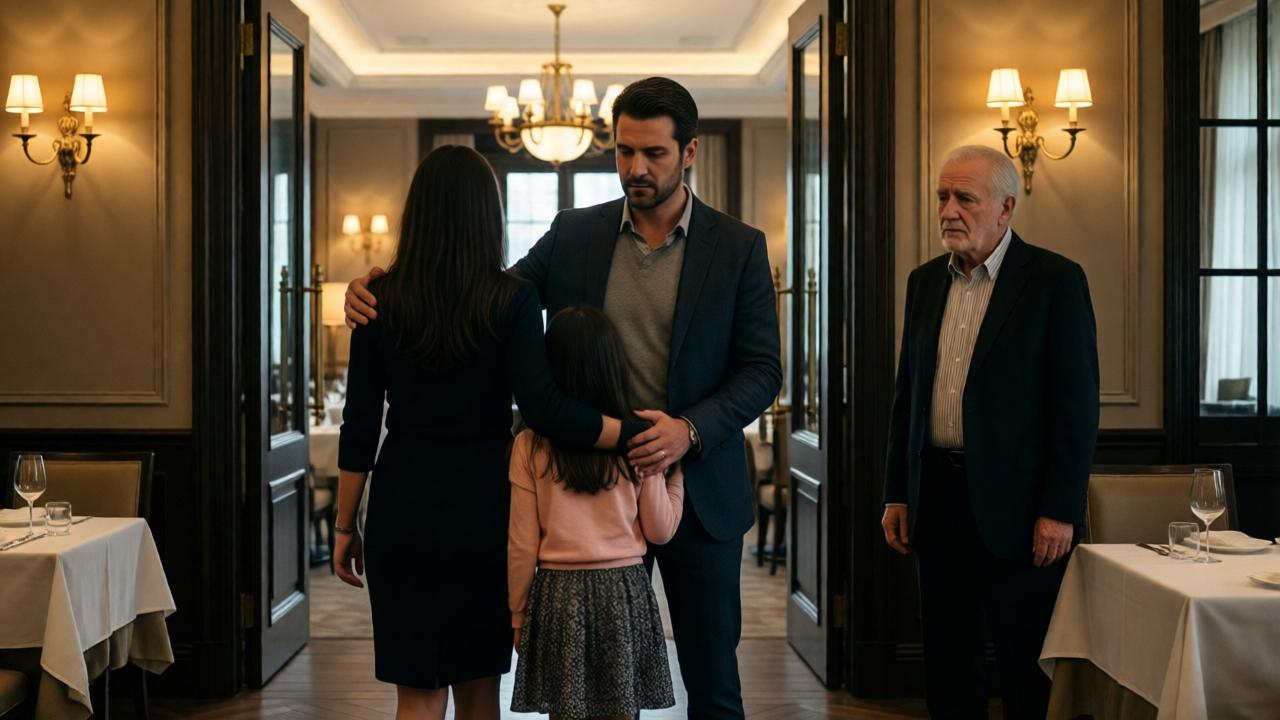 The final scene inside an upscale, empty restaurant. The owner, now wearing a suit jacket over his casual clothes, stands protectively with his arm around his daughter, facing the exit. The woman is seen from behind, walking away in defeat, her silhouette small against the grand doorway. The elderly man watches with a sad, knowing expression. The mood is one of closure and righteous dismissal. Lighting is warm and low, from elegant pendant lamps, creating a serene atmosphere. The composition leads the eye from the rejected woman to the unified family. Perspective is wide, capturing the entire restaurant's elegant interior.