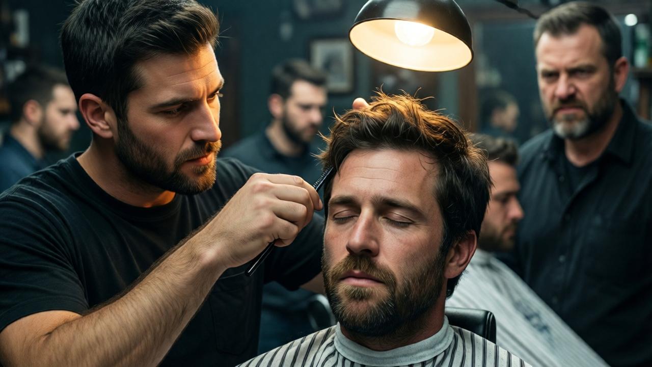 A powerful, cinematic close-up in a barbershop. A young, compassionate barber named Noah is carefully cutting the hair of a disheveled man named Jaden, who has his eyes closed. The focus is on their faces: Noah's look of determined kindness, Jaden's expression of vulnerable relief. In the blurred background, other customers and the scowling owner look on with disdain. The lighting is dramatic, with a warm spotlight from the barber's lamp cutting through the cooler shadows of the shop, highlighting the transformative moment. Style is photorealistic with a shallow depth of field.