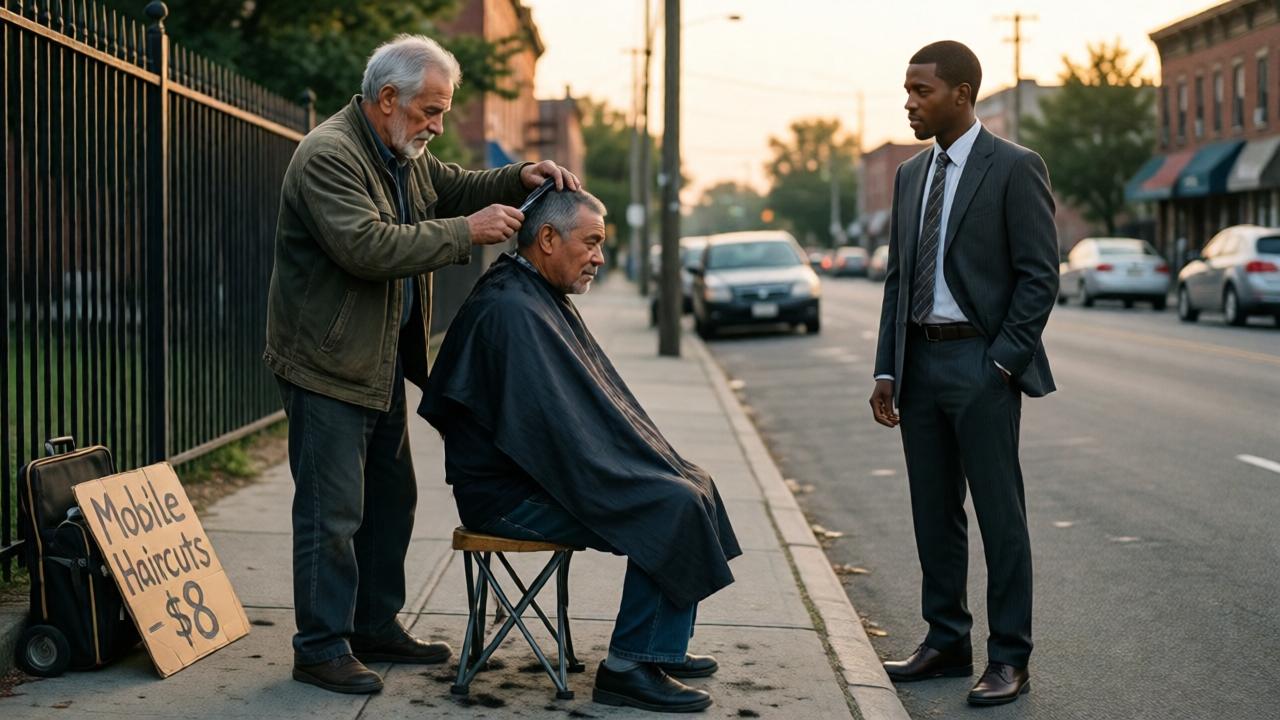 A poignant street scene at dusk. An older Noah, with graying hair, is giving a haircut to a client seated on a simple stool on the sidewalk. A handmade 'Mobile Haircuts - $8' cardboard sign leans against his small kit. In the soft, golden-hour light, a well-dressed Jaden watches from a respectful distance, his expression a mix of nostalgia and determination. The composition shows the humble yet dignified setup against an urban neighborhood backdrop, emphasizing the passage of time and the contrast between their current lives.