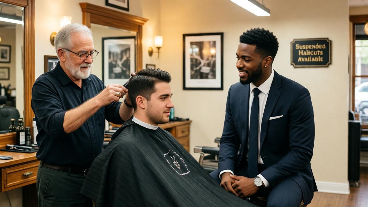A warm, inviting interior of the 'Second Chair' barbershop. An older Noah is teaching a young apprentice how to cut hair at one station, while a well-dressed Jaden chats warmly with a nervous new client in a suit at another. The decor is modern yet cozy, with wood accents and good lighting. On the wall, a tasteful plaque reads 'Suspended Haircuts Available,' and the atmosphere is one of community and support. The style is a bright, hopeful photorealistic image, capturing the legacy of kindness in action.