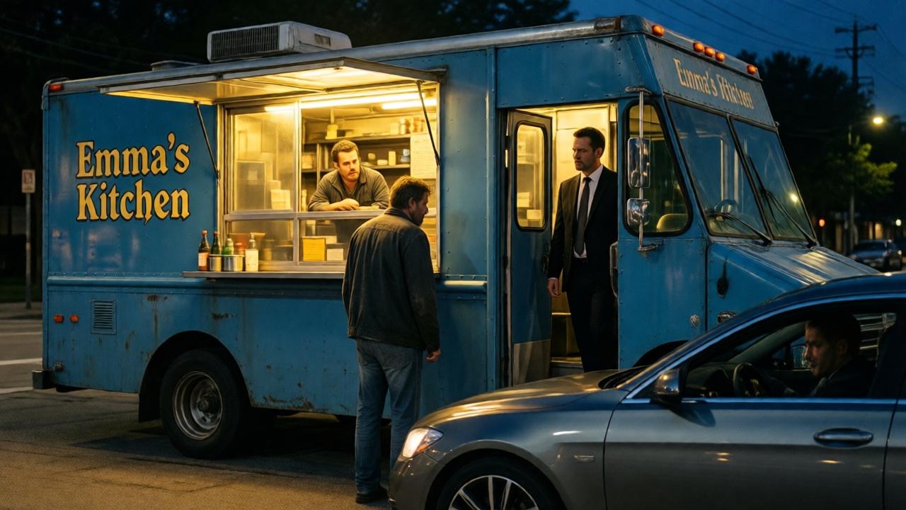 A cinematic night scene on a dimly lit Houston street corner. A worn but hopeful blue food truck named 'Emma's Kitchen' is open for business, its service window glowing with warm yellow light. Inside, a man in his late 30s, Daniel, looks out with a conflicted expression at a weary, shabbily dressed man standing before the counter. A sleek, expensive car is parked nearby, its well-dressed driver looking on with a judgmental sneer. Moody lighting with deep shadows and highlights from the truck's lights, capturing a moment of tense decision. Shot from a low-angle perspective to emphasize the emotional weight.