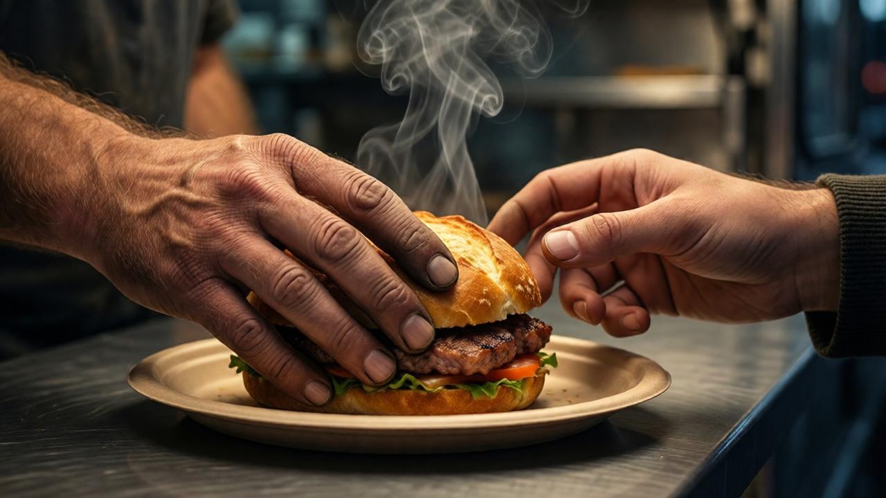 A powerful, intimate close-up of two hands. One hand, rough and worn from work, is Daniel's, carefully placing a beautifully made, steaming sandwich on a simple paper plate. The other hand, belonging to the stranger, is slightly trembling as it reaches out to receive it. The focus is on the point of connection and transfer, symbolizing the gift. Warm, soft light illuminates the hands and the sandwich, creating a sacred, painterly feel against the dark, blurred background of the food truck interior. High detail on textures: the bread's crust, the meat's grill marks.
