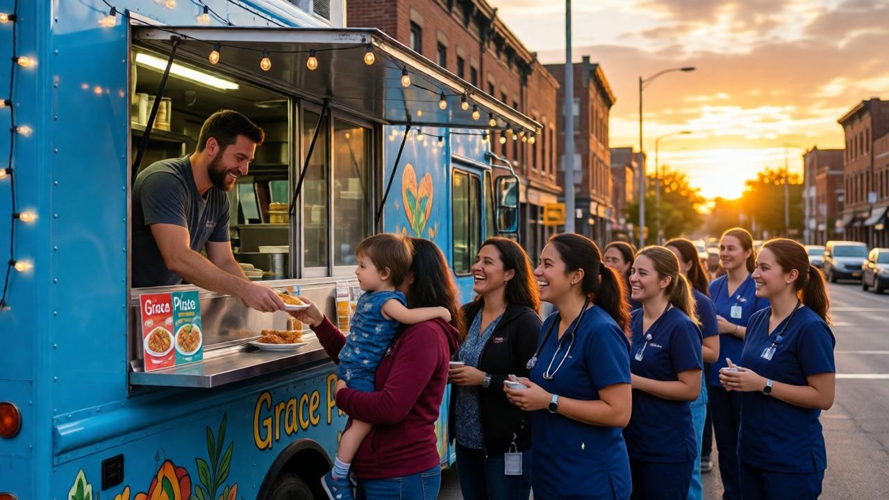 A vibrant, hopeful scene weeks later at the same street corner now transformed. Daniel and Emma's blue food truck is bustling with a long, diverse line of happy customers under string lights they've added. Daniel is at the window smiling, handing a 'Grace Plate' to a mother with a child. Emma is laughing with a group of nurses. The atmosphere is warm, communal, and full of life, a stark contrast to the initial empty darkness. Golden hour lighting with a beautiful sunset sky in the background, symbolizing new beginnings and sustained blessing.