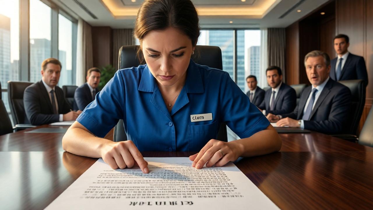 Photorealistic close-up: Clara in a blue janitor's uniform sits at the head of a polished table in a modern Manhattan skyscraper conference room. She intently studies dense Chinese contract text, her finger pointing to a specific line. In the background are blurred figures of stunned men in expensive suits. Warm light from panoramic windows floods the scene, creating a dramatic contrast between her humble attire and authoritative posture. Dynamic composition with a low angle, emphasizing her unexpected authority.
