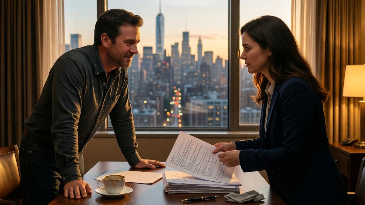 Emotional cinematic moment: Bob stands, leaning his hands on the table, his face showing a mix of shame, respect, and hope. He looks at Clara, who calmly stacks the translated pages. Through the huge window behind her, evening Manhattan is visible. Warm golden sunset light tints the room, creating an intimate and decisive atmosphere. On the table are a forgotten coffee cup and an expensive pen lying next to a simple dust cloth. The composition is arranged diagonally, emphasizing the tension and connection between the two characters.