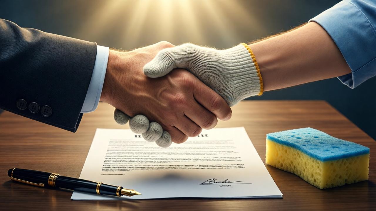Symbolic finale in a modern illustration style: A hand in a business suit sleeve (Bob) shakes a hand in a simple cloth cleaning glove (Clara) against the backdrop of a signed contract. On the table beside them lie two objects: an expensive fountain pen and an ordinary washing sponge. Light falls from above, highlighting the hands and contract, creating a sense of agreement reached and a new beginning. Warm color palette with accents of gold and blue. Minimalist and powerful composition, telling the whole story in one frame.