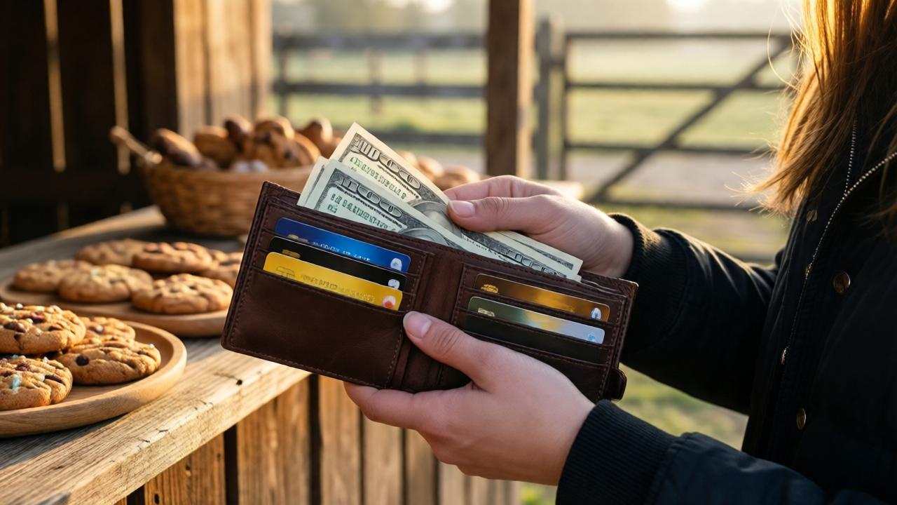 Close-up of a young woman's hands holding an open leather wallet, filled with banknotes and shiny credit cards, against the backdrop of a simple wooden stall with homemade cookies. Early morning, soft sunlight, contrast between the stall's modesty and the wallet's rich contents. Style: realistic photograph, depth of field, warm tones. The ranch gates are visible, blurred, in the background.