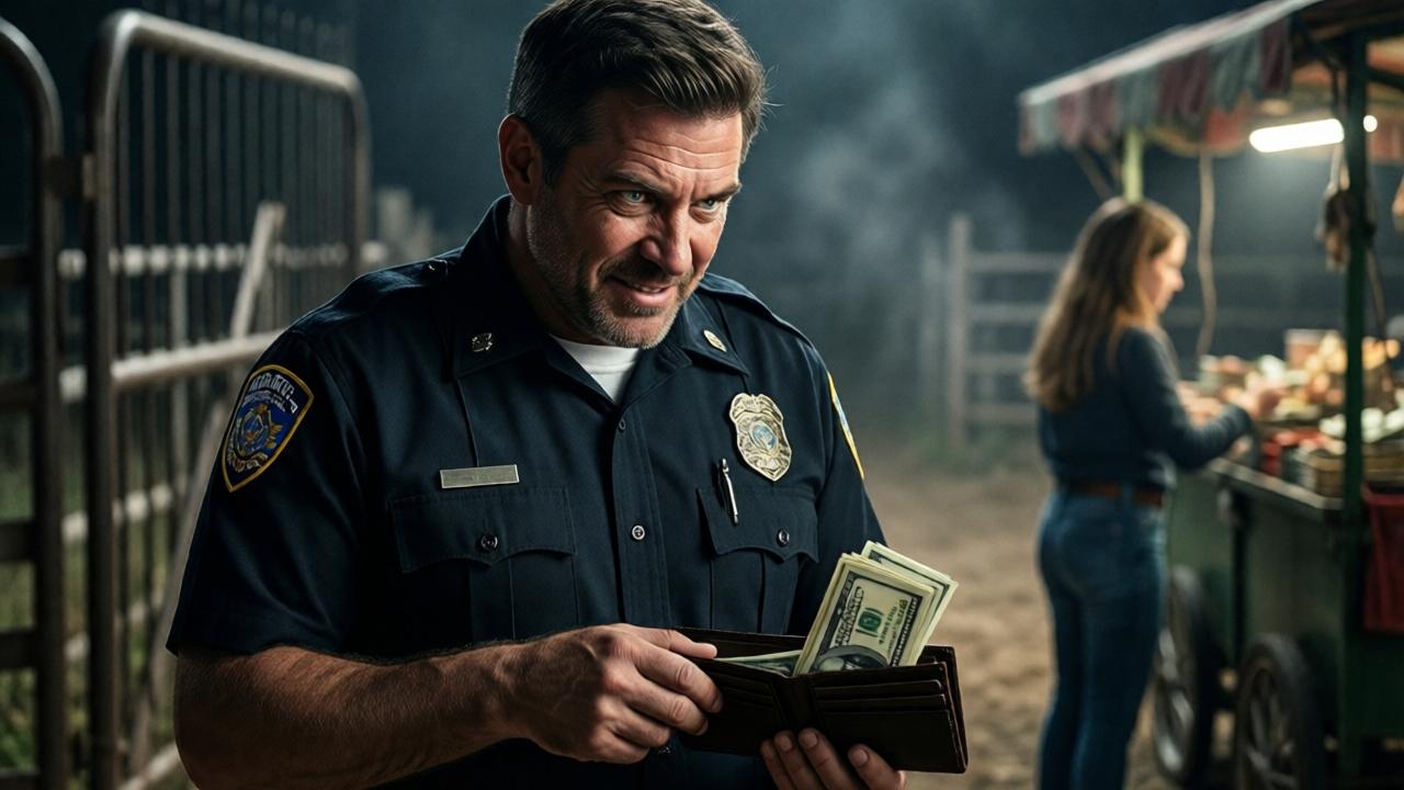 A middle-aged man in a security guard uniform stands in the shadows by the ranch gates, holding an open wallet. His face is lit with a predatory, greedy expression, his eyes gleaming. He is looking at a stack of banknotes. Style: dramatic photograph, contrasting light, dark tones with accents on the money and the character's face. In the background, the retreating figure of the girl with her stall is visible.