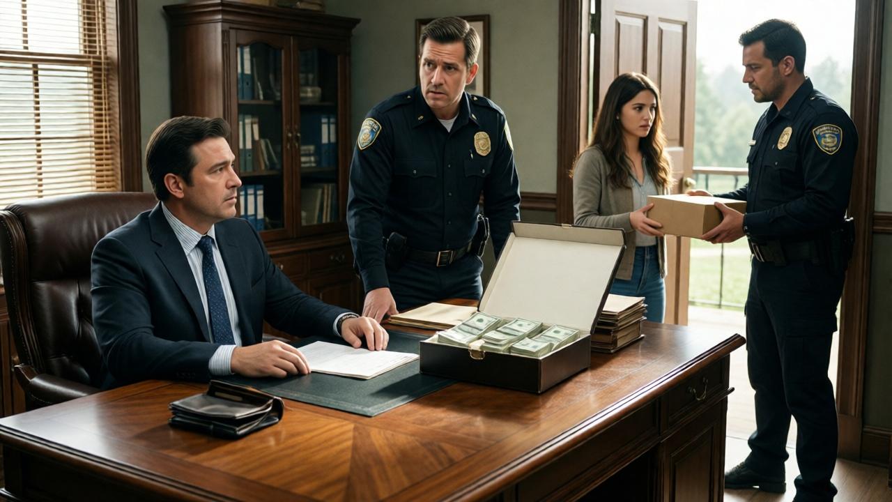 The ranch owner's office. Boss Ricardo sits behind a massive wooden desk, with guard Luis standing before him, looking guilty. In the doorway are the girl Sophia and a second guard, who is handing over a box. On the desk lie an empty wallet and an open box full of money. Style: tense movie scene, dynamic composition, light from the window falls on the box of money, creating a dramatic effect. The expressions on everyone's faces are different: calm on Ricardo's, shock on Luis's, determination on Sophia's.
