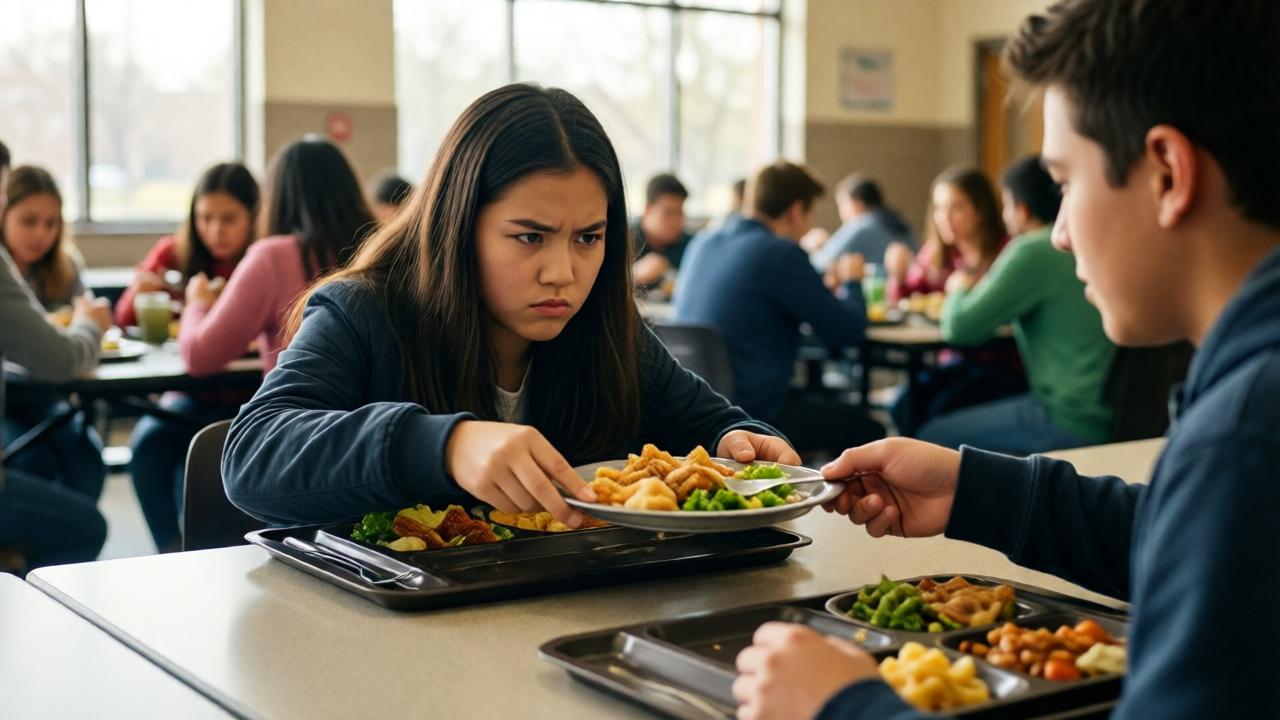 A cinematic shot in a noisy, sun-drenched high school cafeteria. A girl with determined eyes slides a portion of her meal across a laminate table to a boy with an empty tray. The focus is on their hands and the shared plate, with the cafeteria blurring into a background of colorful motion. Style is realistic with a warm, hopeful filter. Lighting is bright from large windows, casting soft shadows. Mood is intimate and quietly defiant.