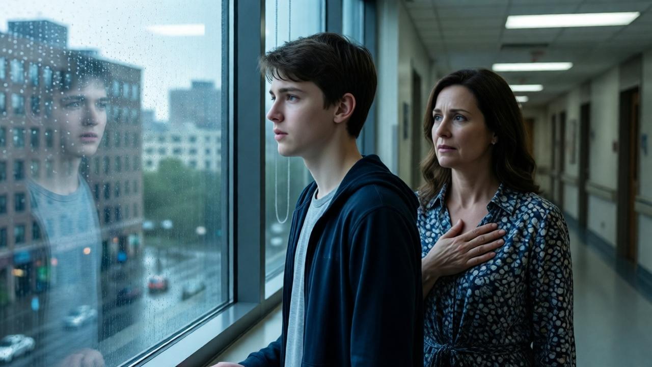 A poignant hospital corridor scene. A teenage boy, Henry, stands looking out a large window at a rainy cityscape, his reflection showing a mix of determination and fear. His mother stands a few feet behind him, her hand over her heart, looking at him with profound love and worry. The lighting is cool, fluorescent overhead mixed with the gray daylight from the window. The mood is solemn, hopeful, and life-changing.