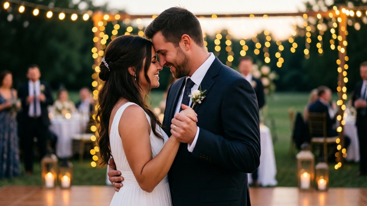 A beautiful wedding reception dance floor at dusk. Henry and Ashley, now adults, are dancing closely, foreheads touching, completely absorbed in each other. She wears a simple white dress, he is in a dark suit. Fairy lights and soft lanterns create a bokeh effect in the background. The mood is intimate, joyful, and deeply romantic, a perfect culmination of their long journey. Style is photorealistic with warm, golden-hour lighting.