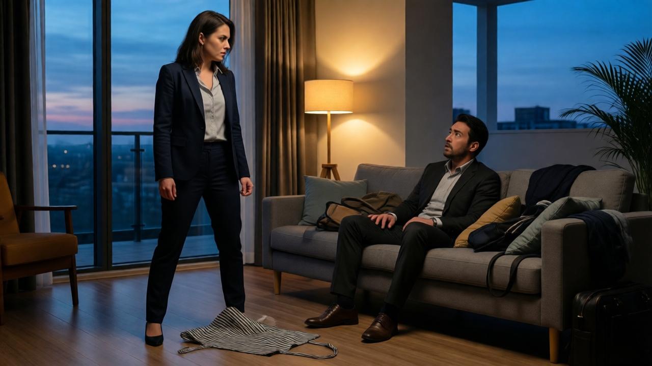 A dramatic, cinematic scene in a modern living room at dusk. A woman in office attire stands defiantly, her apron pooled at her feet on a hardwood floor. A man looks up, shocked, from a couch littered with his belongings. The lighting is moody, with warm light from a floor lamp contrasting with the cool blue twilight from a large window. The composition uses a medium shot to capture the tense body language and the symbolic fallen apron. The mood is one of breaking point and quiet revolution.