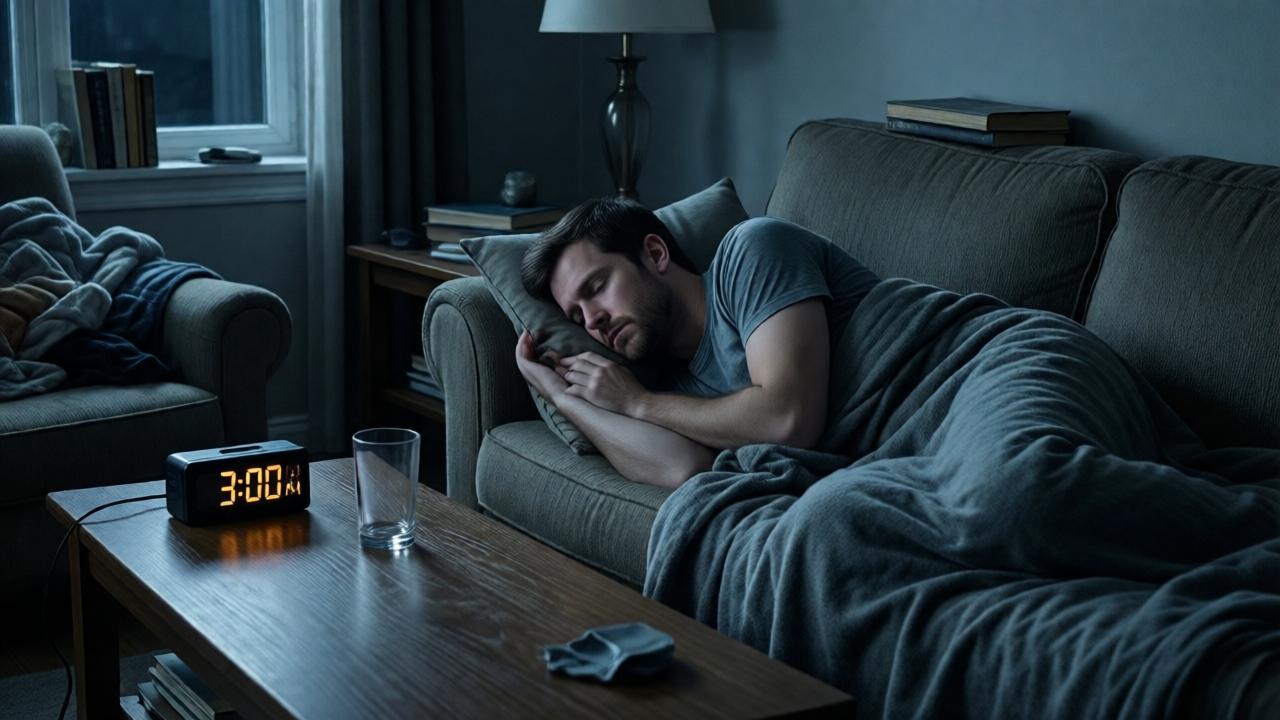 A quiet, contemplative night scene. A man lies awake on a couch in a dark living room, illuminated only by the faint glow of a digital clock reading 3:00 AM. He is staring at an empty glass on the coffee table. The room is still messy. The mood is one of isolation and dawning realization. The style is photorealistic with a focus on shadow and texture, conveying loneliness and introspection.