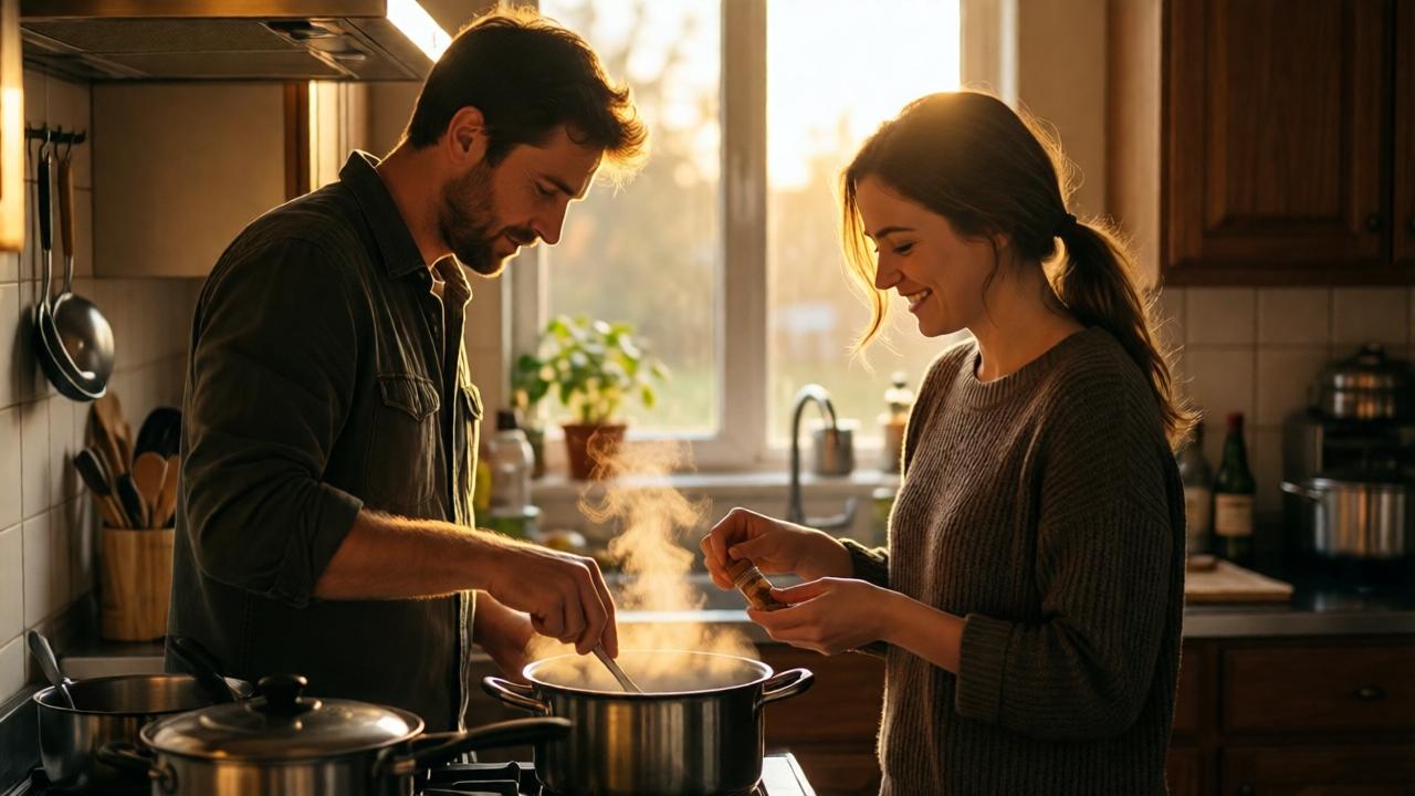 A hopeful, warm kitchen scene in the evening. A man and a woman are cooking together, both wearing casual clothes. He is carefully stirring a pot while she smiles slightly, handing him a spice. The kitchen is authentically lived-in but not chaotic. Golden hour light streams through a window, casting a warm glow on them and the steam from the pot. The composition is intimate, focusing on their collaborative hands and relaxed body language, symbolizing a new beginning.