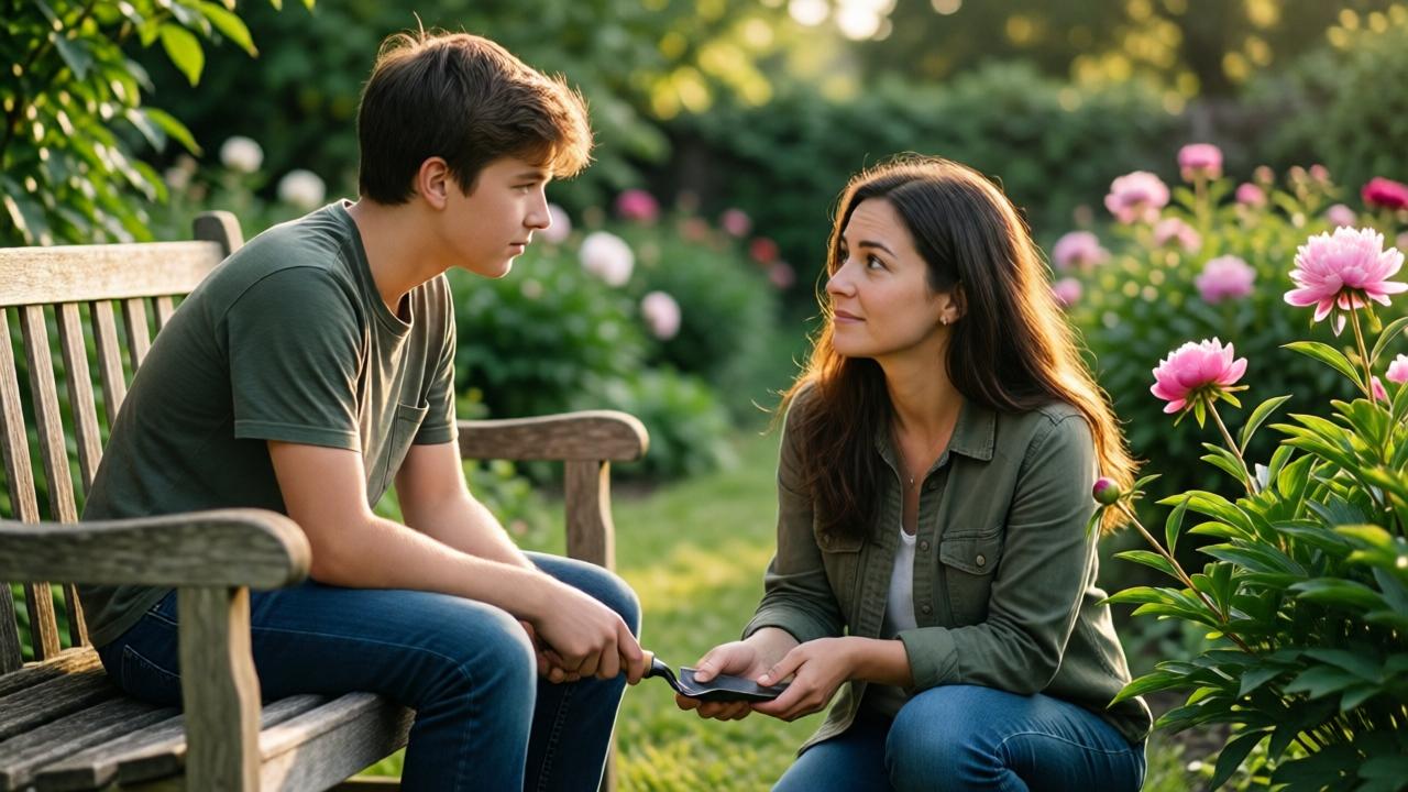 A poignant scene in a sun-dappled garden. A teenage boy sits on a wooden bench, looking intently at his mother who kneels in a flowerbed. She has just put down a small gardening trowel and is looking up at him with a gentle, knowing expression. The mood is intimate and emotional, with warm afternoon lighting creating soft shadows. The composition uses a shallow depth of field, focusing on their faces and connected gaze, with blurred peonies and greenery in the background. The colors are warm and natural—greens, browns, and the soft pink of the flowers.
