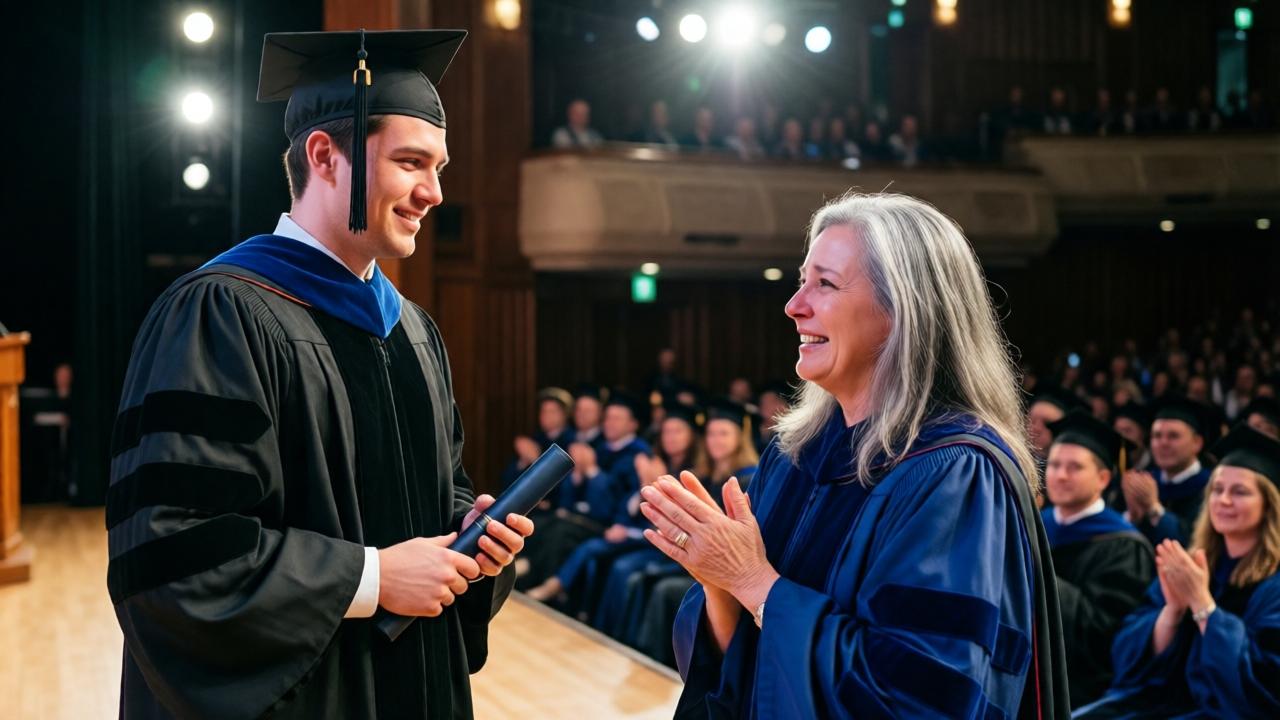 A graduation ceremony scene, emotional and vibrant. A young man in a black graduation gown and mortarboard stands on a stage, holding a diploma. His mother, now with strands of gray in her hair, is in the front row of the audience, standing and clapping with tears of joy in her eyes. The mood is triumphant and deeply moving. The lighting is bright and ceremonial from stage lights, contrasting with the darker auditorium. The composition is a medium shot capturing both the graduate's smile and his mother's proud reaction, with bokeh lights in the background. Colors are the deep blue of the gown, the warm wood of the stage, and the spotlights.