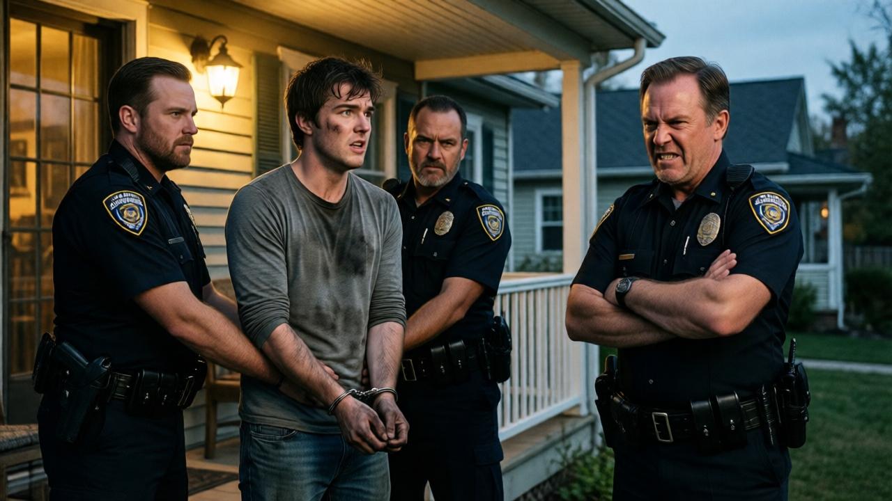 A dramatic, cinematic scene at dusk. A 21-year-old man with grease-stained hands, Ethan Blake, is being handcuffed by two police officers on the porch of a modest suburban house. His expression is one of shock and defiance. A stern-looking middle-aged man, Lily's father, stands nearby with crossed arms, his face a mask of fury. The lighting is harsh from a single porch light, casting long, dramatic shadows. The mood is tense and chaotic.
