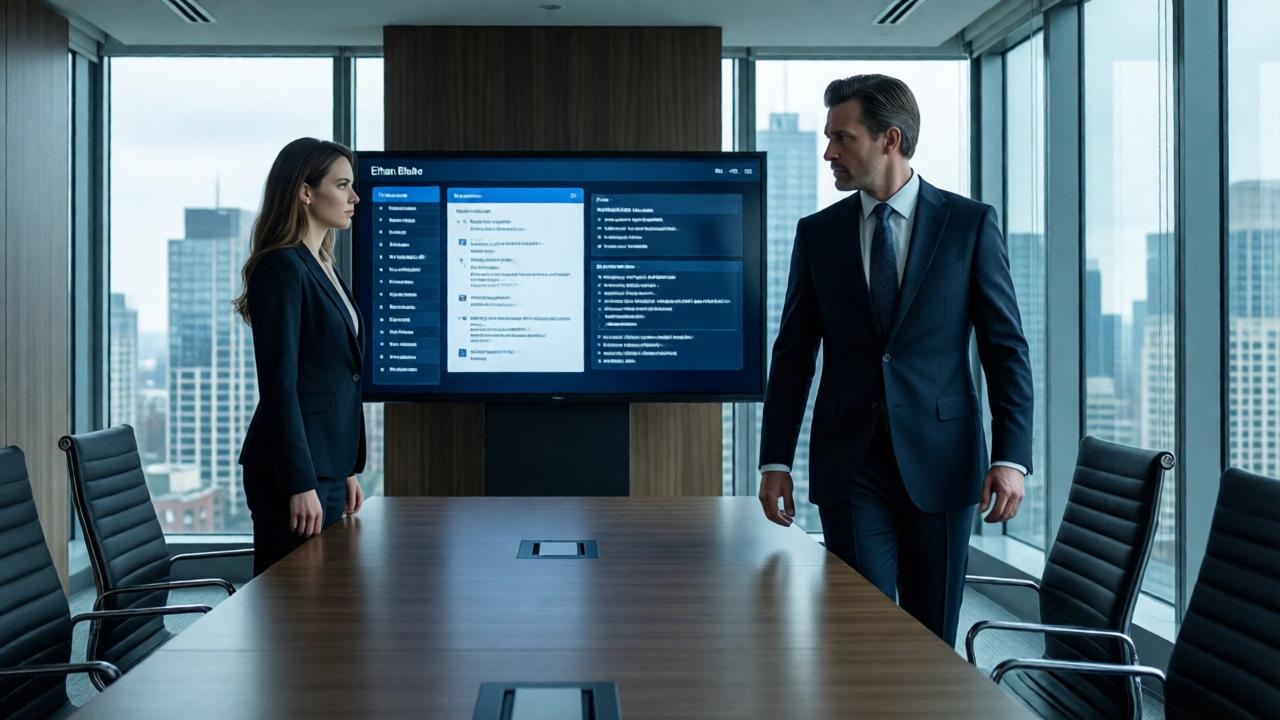 A modern, high-end conference room with floor-to-ceiling windows overlooking a city skyline. Lily Carter, a poised woman in her mid-twenties in professional attire, stands frozen beside a digital presentation screen. Ethan Blake, now a wealthy and stern-looking man in an expensive suit, has just entered the room. They are locked in a tense, silent stare. The lighting is cool and clinical, emphasizing the emotional distance between them. The composition uses the long conference table to visually separate the two figures.