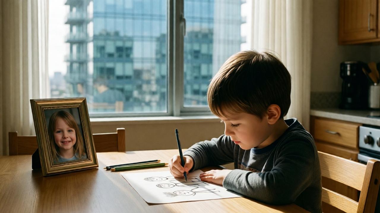 A symbolic and emotional image. A young boy, around six years old, is drawing at a sunlit kitchen table. His drawing shows a stick-figure family. On the counter next to him is a framed photo of a smiling Lily. Through the window, slightly out of focus, we see the sleek glass facade of a high-rise building, representing Ethan's corporate world. The mood is warm and protective inside, but with a looming external threat. The lighting is soft morning light, creating a stark contrast between the innocent domestic scene and the implied complexity outside.