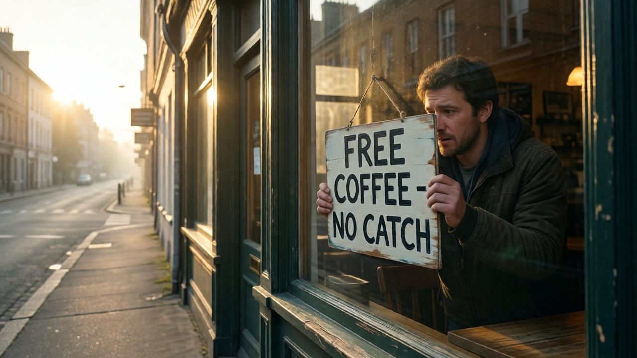 A cinematic shot of a small, charming but slightly worn cafe early in the morning. A simple, hand-painted sign reading 'FREE COFFEE - NO CATCH' is being placed in the window by a hesitant man. The lighting is soft, golden morning sun streaming in, creating long shadows. The mood is one of tense hope. The composition is wide, showing the empty street outside beginning to stir, with the warm glow of the cafe interior contrasting the cool blues of dawn. Perspective is from across the street, as if we are a curious passerby.