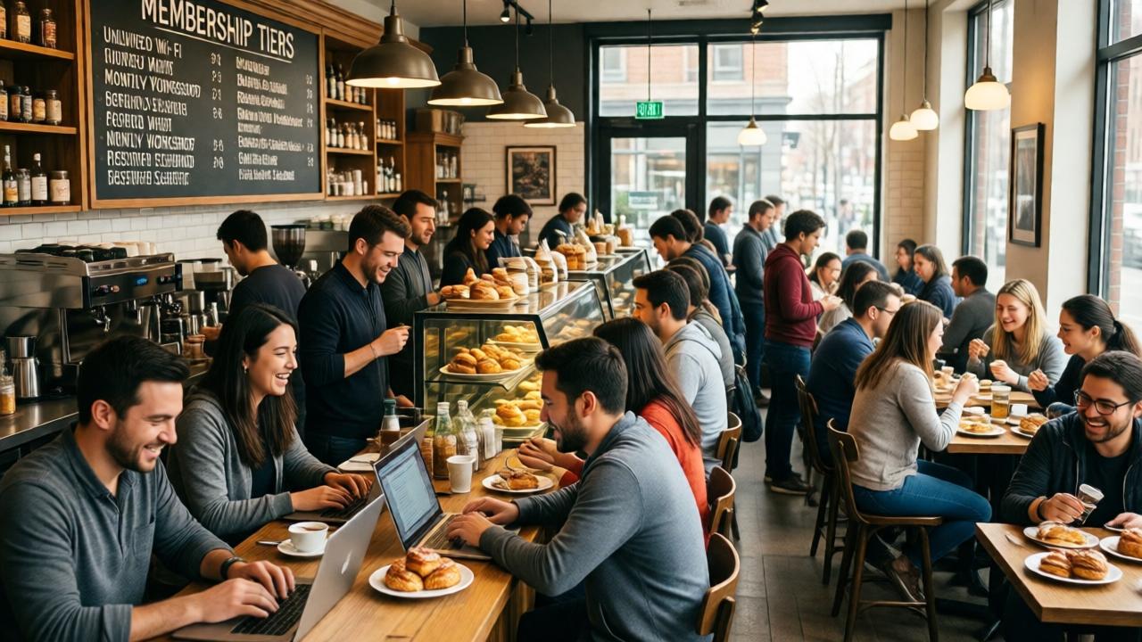 A vibrant, bustling cafe interior, midday. The scene is full of diverse people working on laptops, chatting in groups, and enjoying pastries. A blackboard prominently displays a 'Membership Tiers' list with benefits like 'Unlimited Wi-Fi', 'Monthly Workshop', and 'Reserved Seating'. The mood is energetic and prosperous. Lighting is warm and inviting, with highlights on happy faces and the details of food. The composition is dynamic, using a medium-wide angle to capture the fullness of the room. Perspective is from behind the counter, looking out at the thriving business.