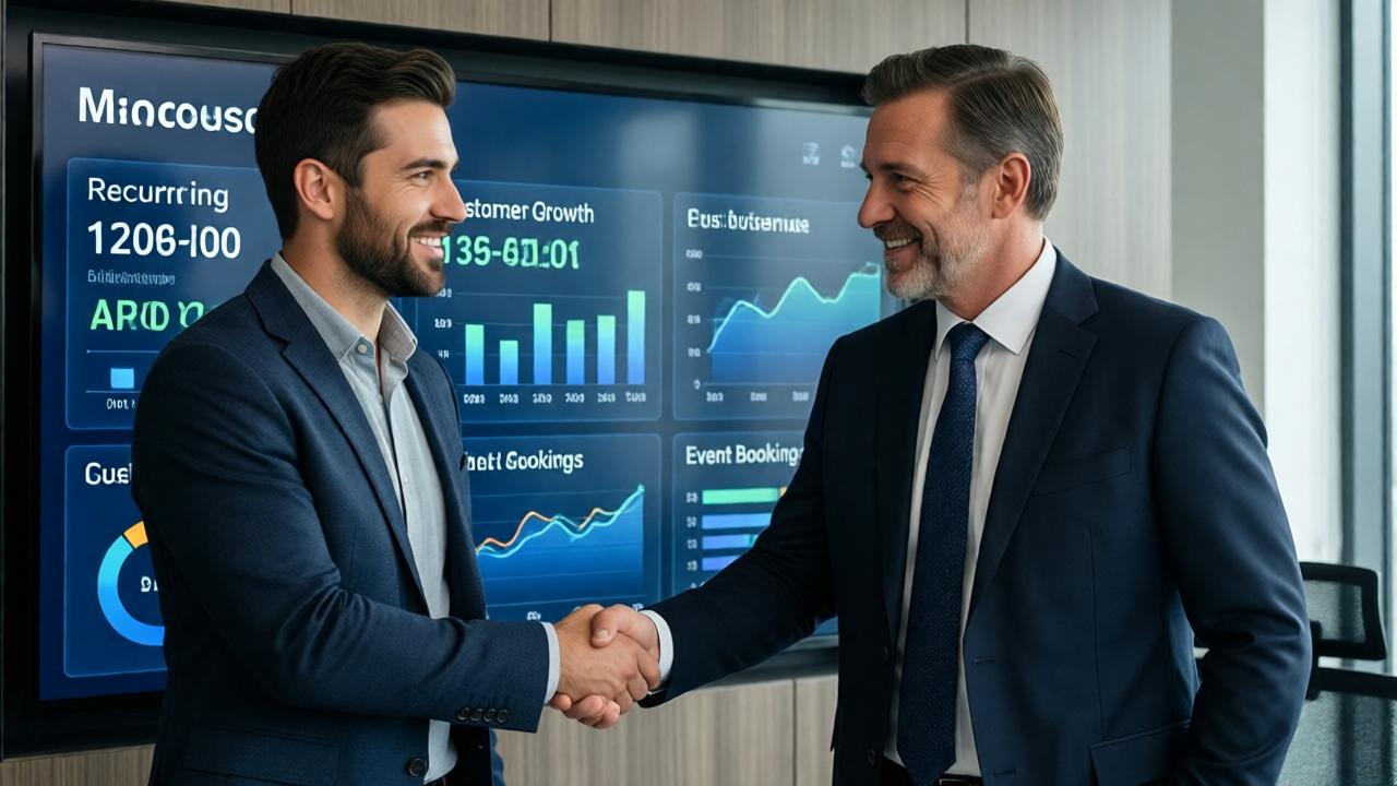 A modern, sleek business office. Marco, now dressed in smart casual attire, stands confidently beside a digital screen displaying key business metrics: recurring revenue, customer growth, and event bookings. He is shaking hands with the billionaire, who looks on with a proud, approving smile. The mood is one of achievement and partnership. Lighting is bright and professional. The composition frames the two men in the foreground with the success metrics clear in the background. Perspective is at eye level, creating a sense of equality and accomplishment.