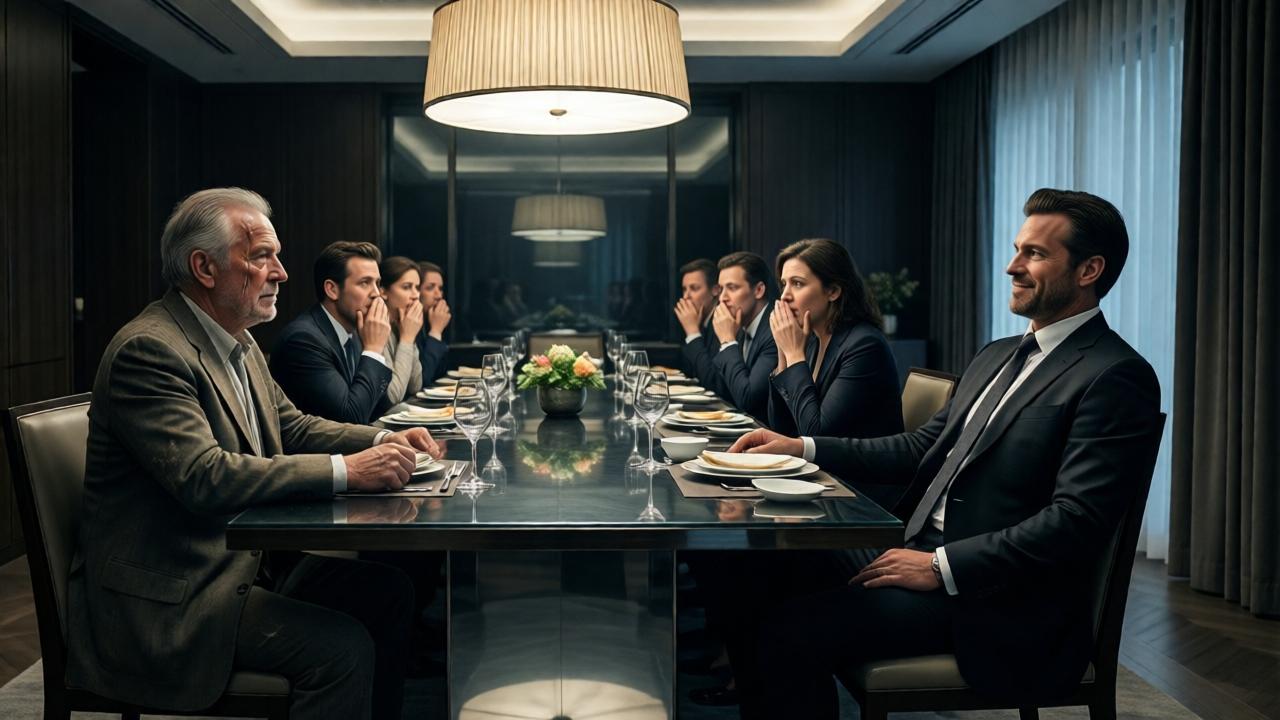 A dramatic, cinematic scene in a grand, modern dining room. An elderly man in a simple, worn suit sits at the far end of a long, gleaming table, a single streak of moisture on his cheek. At the head of the table, a well-dressed man in his 40s leans back arrogantly in his chair, smirking. Other guests are frozen in shock, some with hands over their mouths. Moody, chiaroscuro lighting from a single large pendant light casts deep shadows, highlighting the tension. The composition is wide, emphasizing the physical and emotional distance between the two men. Style: photorealistic, high contrast.