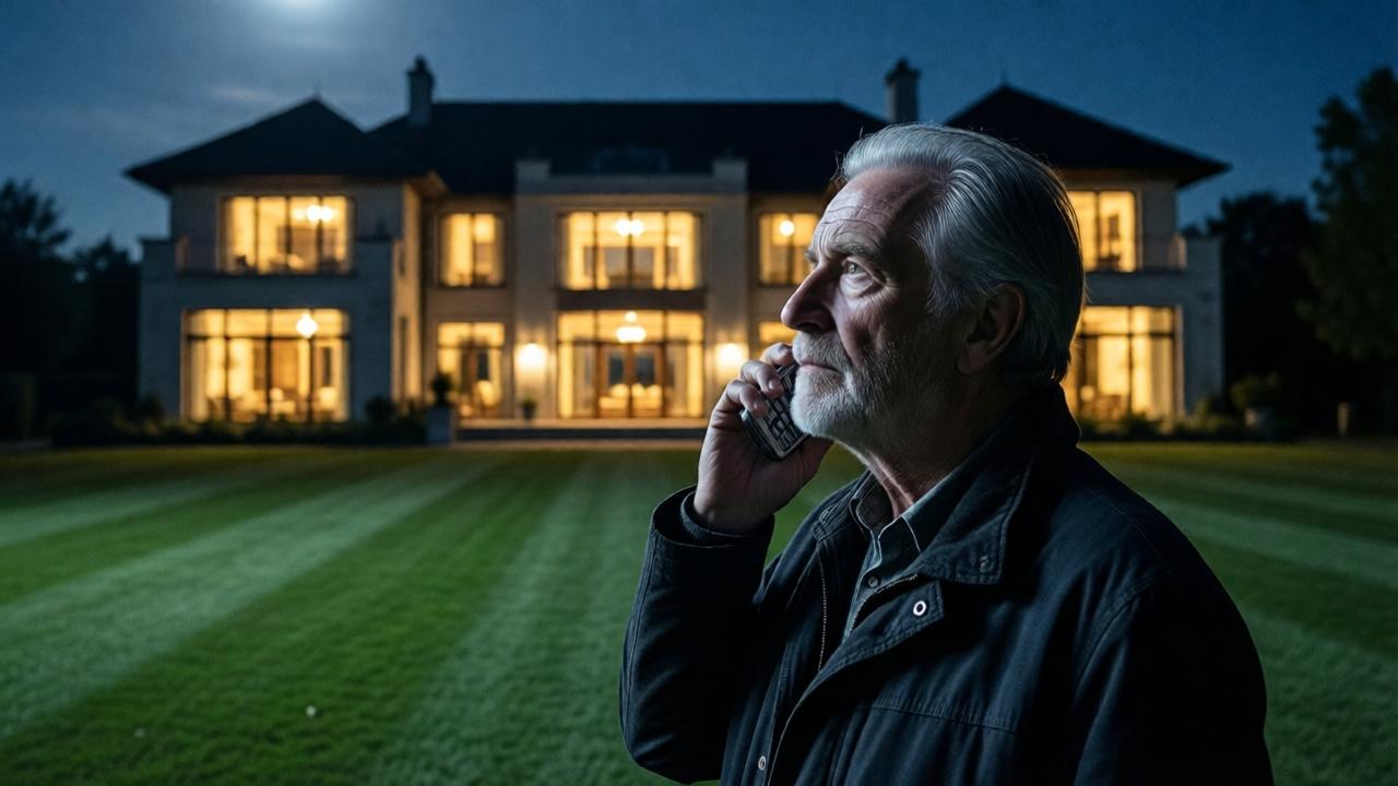 An elderly man standing alone at night on a vast, manicured lawn in front of a massive, modern mansion. He is seen from a low-angle side view, looking up at the lit windows of the house, his face illuminated by the cold moonlight and the warm glow from inside. He holds an old flip phone to his ear. The mood is solemn, powerful, and melancholic. The lighting contrasts the cold blue of the night with the warm yellow interior lights. Style: cinematic, with a shallow depth of field focusing on the man's determined, weathered profile.