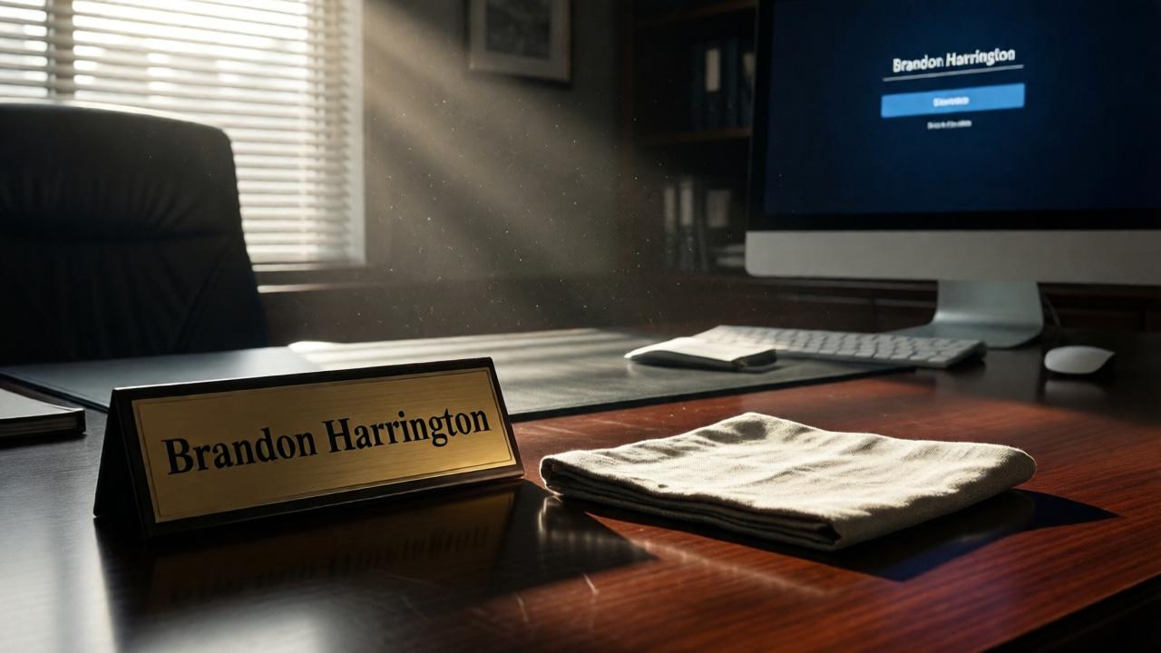 A symbolic still life on a polished desk in a dark, empty CEO office. A nameplate reading 'Brandon Harrington' is lying on its side. Next to it is a single folded linen napkin, stark against the dark wood. A morning sunbeam cuts through the blinds, illuminating dust motes in the air and a computer monitor in the background showing a login error screen. The mood is of finality and consequence. Style: hyper-realistic, with dramatic lighting focusing on the napkin and overturned nameplate.