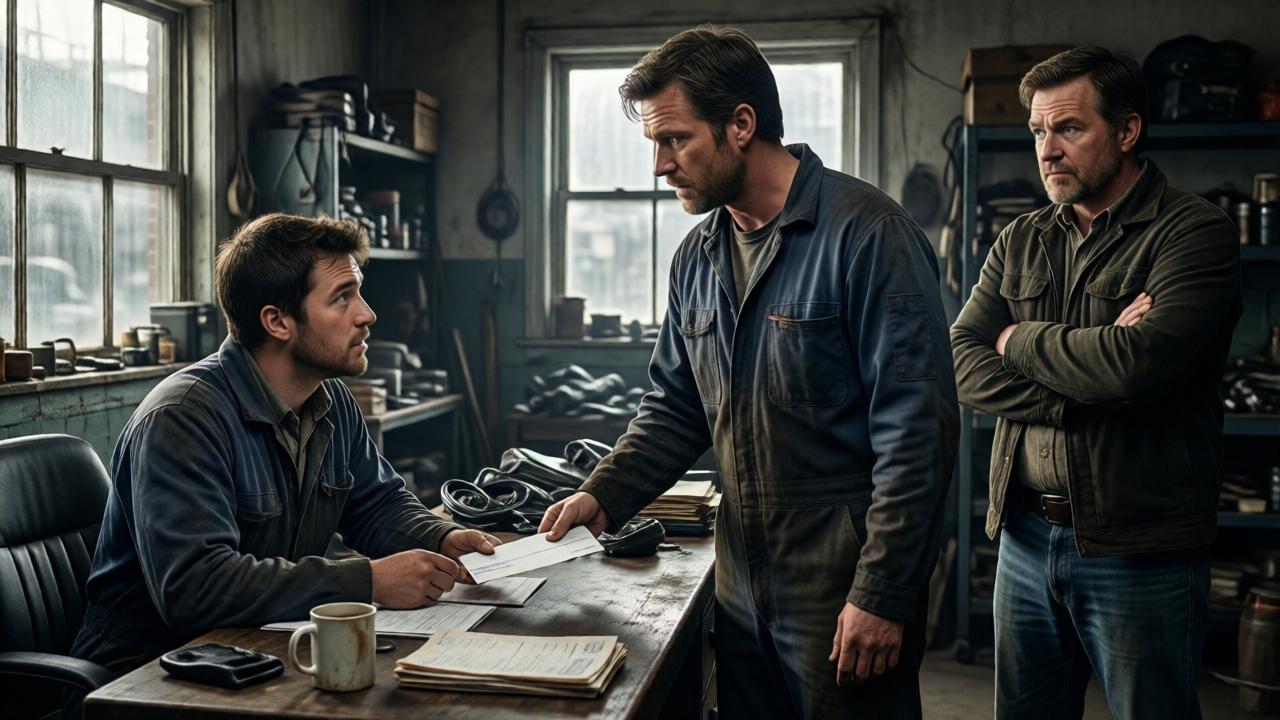 A dramatic, cinematic scene in a cluttered auto shop office. A young mechanic, Jack, stands nervously in grease-stained coveralls, placing a white pay envelope on a worn wooden desk. The shop owner, Mike, looks on with intense, hopeful anticipation from behind the desk, while his skeptical partner, Frank, watches from the side with crossed arms and a cynical expression. Moody, high-contrast lighting from a single dusty window highlights the tension. The scene is filled with authentic details: old car parts, invoices, a stained coffee mug, and the gritty texture of the workshop visible through the office window. Shot from a low angle to emphasize the emotional weight of the moment.