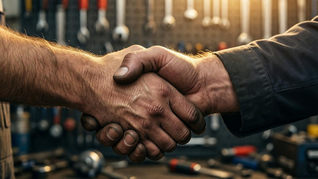 A powerful, emotional close-up of two hands. One is the rough, grease-stained hand of the young mechanic, Jack, being firmly shaken by the older, weathered but clean hand of the shop owner, Mike. The handshake is a seal of a life-changing deal, framed against the blurred background of the auto shop's tool wall. The lighting is warm and hopeful, casting a golden glow on the connection. The focus is on the contrast between the two hands—youth and experience, struggle and opportunity—united in a moment of profound trust and new beginning.