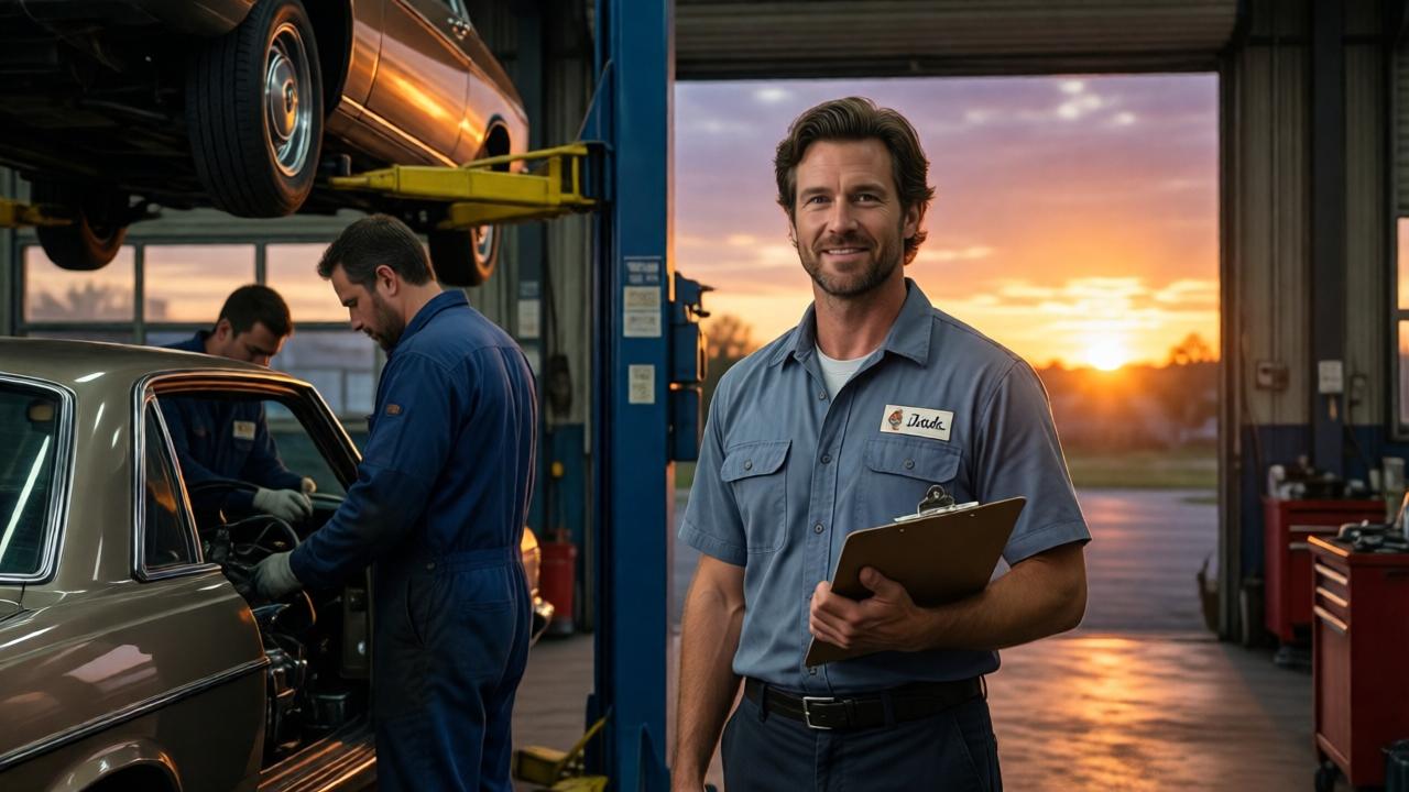 A symbolic, hopeful image set at dusk inside the auto shop. Jack, now in a clean foreman's shirt, stands confidently under the hydraulic lift, overseeing two other mechanics working on a classic car. He holds a clipboard, a symbol of his new role. In the background, through the open shop door, a warm sunset paints the sky in oranges and purples, symbolizing a new dawn. The scene is one of orderly productivity and earned respect. The lighting is a mix of the shop's fluorescent lights and the natural, golden glow from outside, creating an atmosphere of hard-won peace and bright future.