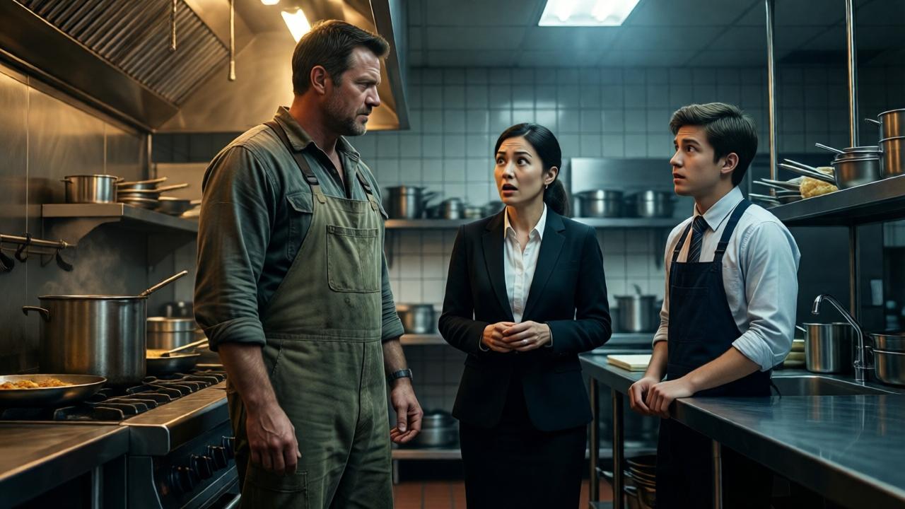 A dramatic scene in a resort's industrial staff kitchen. A man in simple, worn fishing clothes stands tall, revealing authority as a CEO, while a well-dressed female manager stares in horrified shock. A young male intern looks on with wide, hopeful eyes. Moody, cinematic lighting with sharp contrasts between the warm light over the stove and the cooler shadows of the room. Composition uses the lines of stainless steel counters to lead the eye to the central confrontation. Shot from a low angle to emphasize the CEO's newfound power.