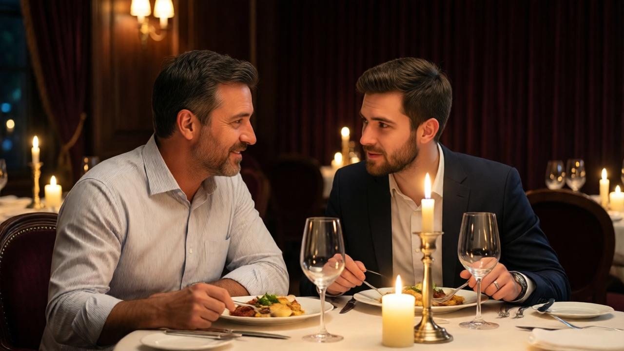 A warm, intimate scene in an elegant, empty resort restaurant at night. The former fisherman CEO, now in a crisp shirt, and the young promoted intern, Leo, share a meal at a table. They are leaning in, engaged in deep conversation. Soft, golden candlelight illuminates their faces, reflecting in polished silverware and wine glasses. The background is a blur of luxurious dark wood and velvet, creating a feeling of confidential mentorship. The mood is hopeful and transformative.