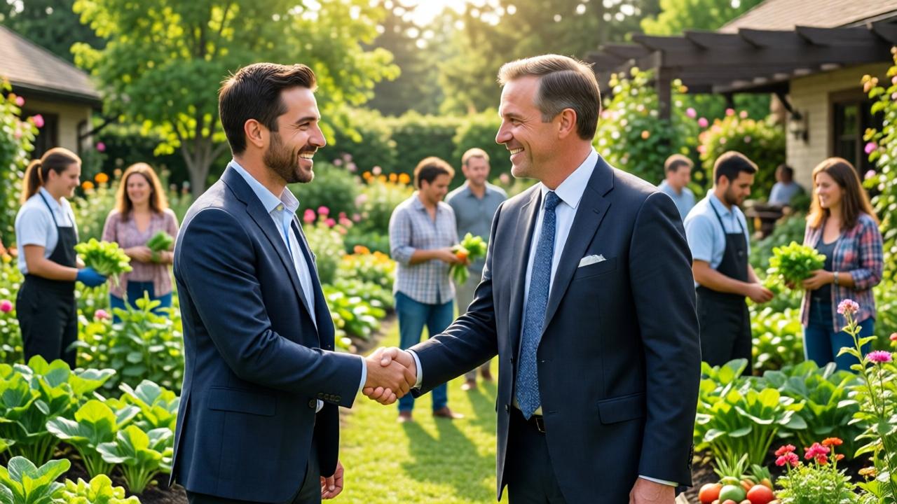 An inspiring wide shot of a lush resort community garden in daylight. The new Resort Director, Leo, is smiling and shaking hands with the CEO, Mr. Vanderbilt, now in a smart suit. Resort staff and happy guests are mingling in the background, picking vegetables and enjoying the space. The style is bright, vibrant, and photorealistic with a focus on green foliage, colorful flowers, and warm sunlight. The composition conveys growth, community, and successful transformation.