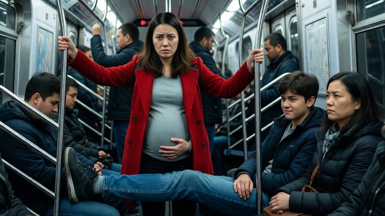 A detailed, photorealistic scene inside a crowded subway train car. A tired pregnant woman with a determined expression stands, one hand protectively on her stomach, the other gripping a silver pole. A teenage boy with a smug look has his legs stretched out, blocking her. His mother sits next to him, looking away with a dismissive frown. Other commuters are blurred in the background, avoiding eye contact. The lighting is harsh fluorescent from above, casting sharp shadows. The mood is tense and claustrophobic, with colors in muted grays, blues, and the bright red of the woman's coat as a focal point. Composition uses the train's lines to create depth, perspective from a slightly low angle to emphasize the woman's vulnerability.