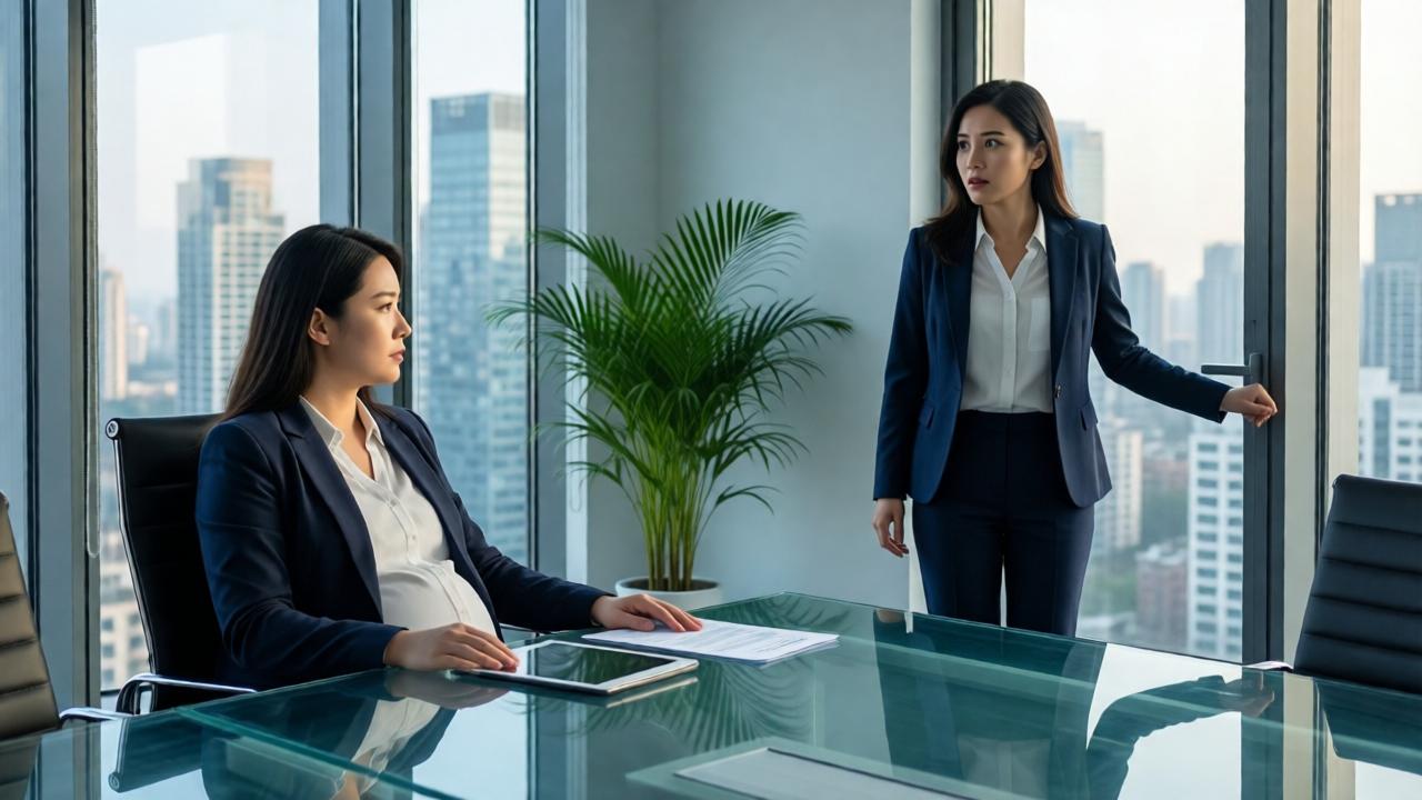A modern, minimalist corporate conference room with floor-to-ceiling windows overlooking a city skyline. A pregnant woman, now dressed in a sharp, professional blazer, sits calmly at the head of a long glass table, a tablet and a resume in front of her. A second woman has just entered the room, her confident posture melting into stunned recognition, her hand frozen on the door handle. The lighting is soft, natural afternoon light streaming in. The mood is one of silent, profound shock and reversal. The color palette is cool and professional: whites, grays, and blues, with a single green plant adding life. The composition uses the lines of the table and windows to lead the eye to the two women's faces, capturing the exact moment of realization.
