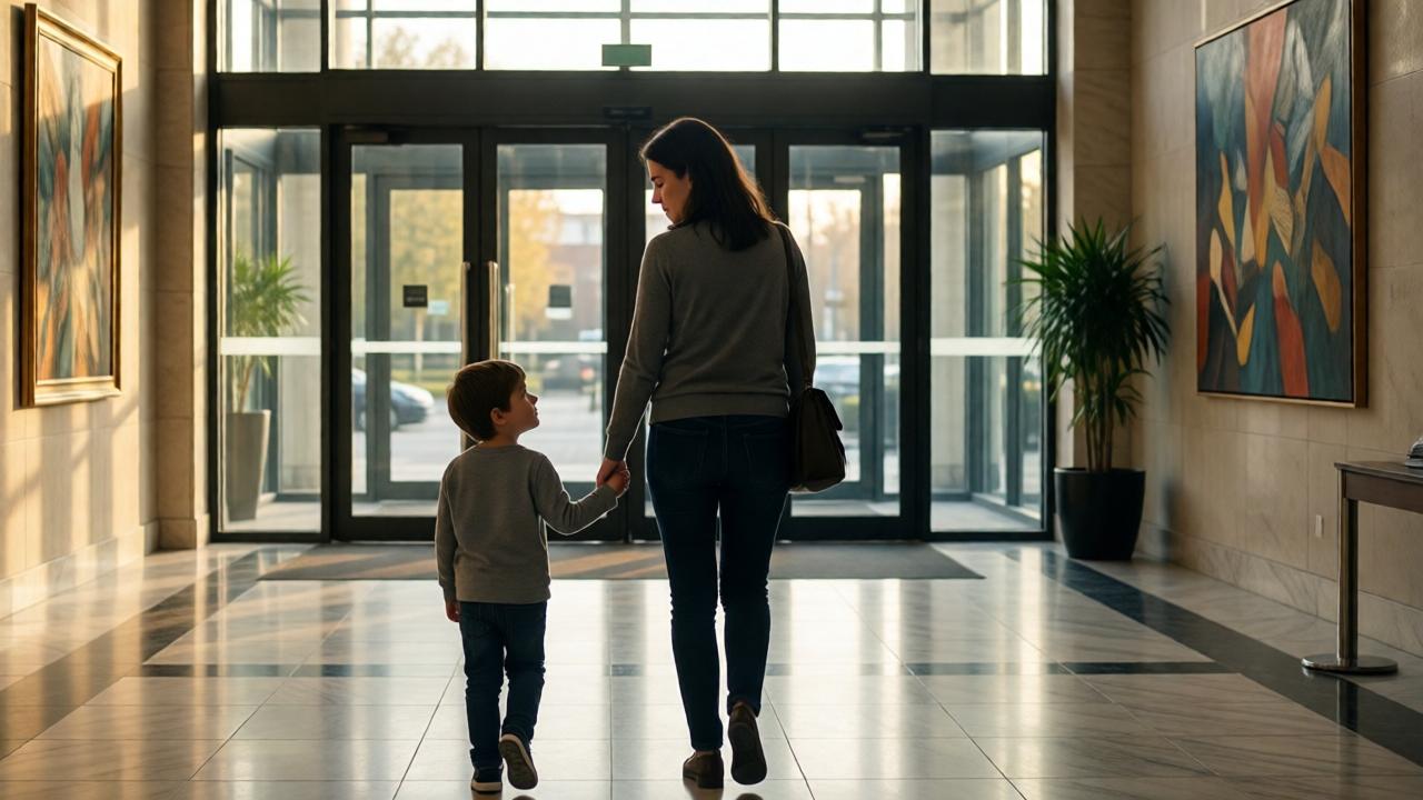 A poignant moment in a corporate building's lobby. A woman, defeated, holds her young son's hand tightly. They are seen from behind, walking towards large glass exit doors. The boy looks up at his mother, confused. She is looking down at him, her face a mask of regret and dawning understanding, whispering to him. The lobby is spacious with marble floors and modern art, contrasting with their small, somber figures. Lighting is soft, late afternoon sun creating long shadows. The mood is reflective and bittersweet. Colors are warm but muted, focusing on the emotional connection between mother and child. The composition uses the architecture to frame their exit, symbolizing a departure from old ways.