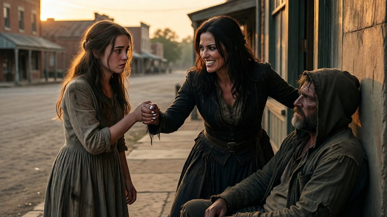 A cinematic scene in a dusty, small-town Georgia square at dusk. A young woman with tired but kind eyes (Emma) in a simple, worn dress stands frozen, her hand being grasped by Linda's manicured, forceful one. Linda, with a cruel, triumphant smile, is pushing Emma toward a man in tattered, dirty clothes who sits slumped against a wall, his face shadowed by a hood. The lighting is dramatic, with long shadows and a golden-hour glow highlighting the tension. The composition is wide, showing the uncaring town in the background, focusing on the forced connection.
