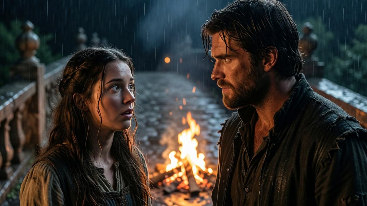 An intimate, dramatic scene under a stone bridge at night. A small fire crackles, casting flickering orange light on Emma's astonished face as she listens. Alexander (formerly Leo) is shown in a half-shadow profile, his ragged clothes still on, but his expression is now one of fierce, regained nobility and resolve. The rain falls softly in the background, visible in the firelight. The mood is one of revelation and turning point, with detailed textures of wet stone, fabric, and glowing embers.