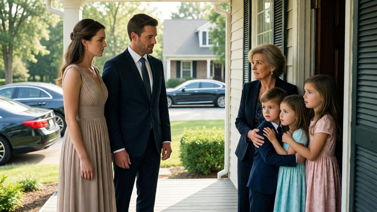 A powerful scene on the porch of a suburban Georgia home. Emma, now in a simple but elegant dress, stands tall beside Alexander Thorne, who is in a sharp dark suit. They face Linda and the twins, who are huddled in the doorway, their expressions of shock and defeat. Several luxury cars are visible in the driveway. The lighting is bright and clear, symbolizing truth and a new dawn. The composition is balanced, with Emma and Alexander in a position of strength, looking down slightly at the defeated family.