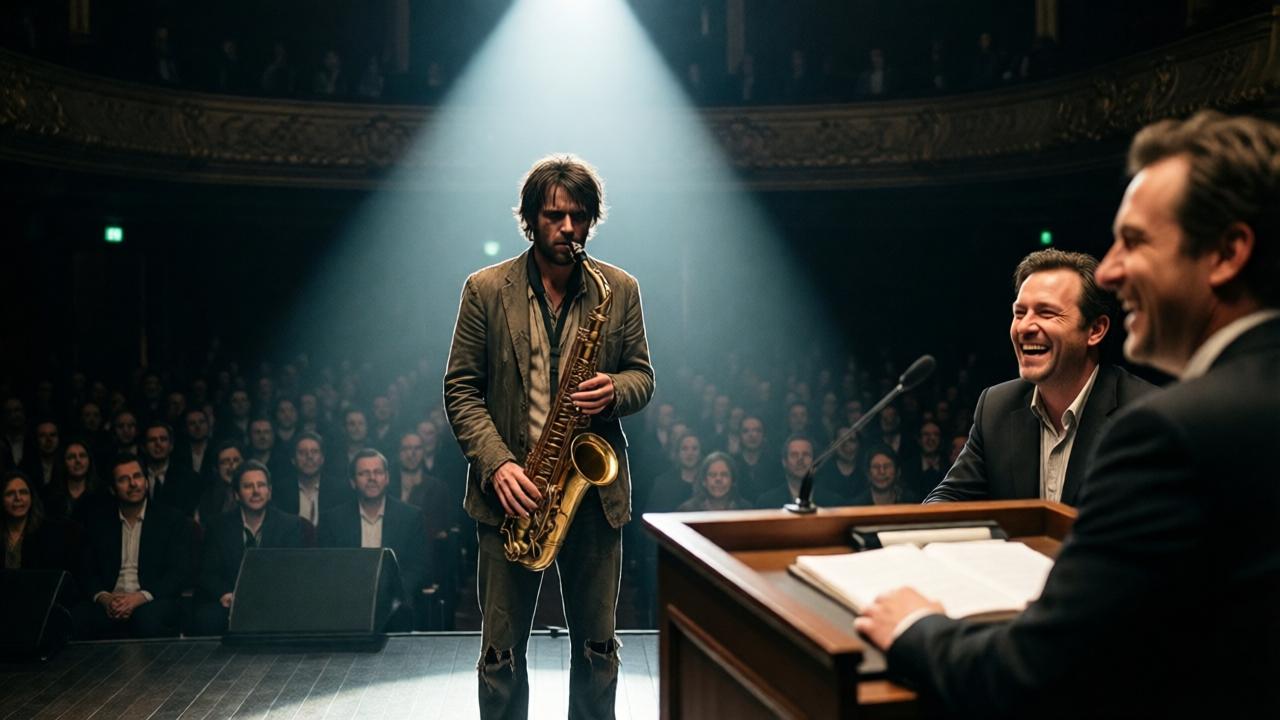 A dramatic, cinematic wide shot from a low angle on a theater stage. A single, harsh spotlight isolates a shabbily dressed man, Daniel, holding a saxophone. His face is shadowed but determined. In the foreground, out of focus, a judge's table with smug, laughing figures. The audience is a dark, murmuring sea of silhouettes. The mood is tense and isolating, with high contrast between light and dark, emphasizing Daniel's vulnerability.