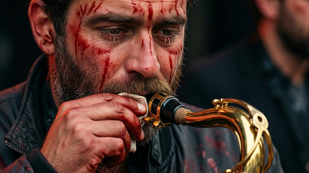 An extreme close-up, intimate and raw. Daniel's face and hands, covered in dripping red paint. He is wiping the saxophone's mouthpiece meticulously with a clean patch of his jacket sleeve. His eyes are focused, burning with a resolve that transcends the humiliation. Paint beads on his eyelashes. The saxophone keys gleam under the lights amidst the red. The style is hyper-realistic, emphasizing texture and emotion, conveying dignity rising from disgrace.