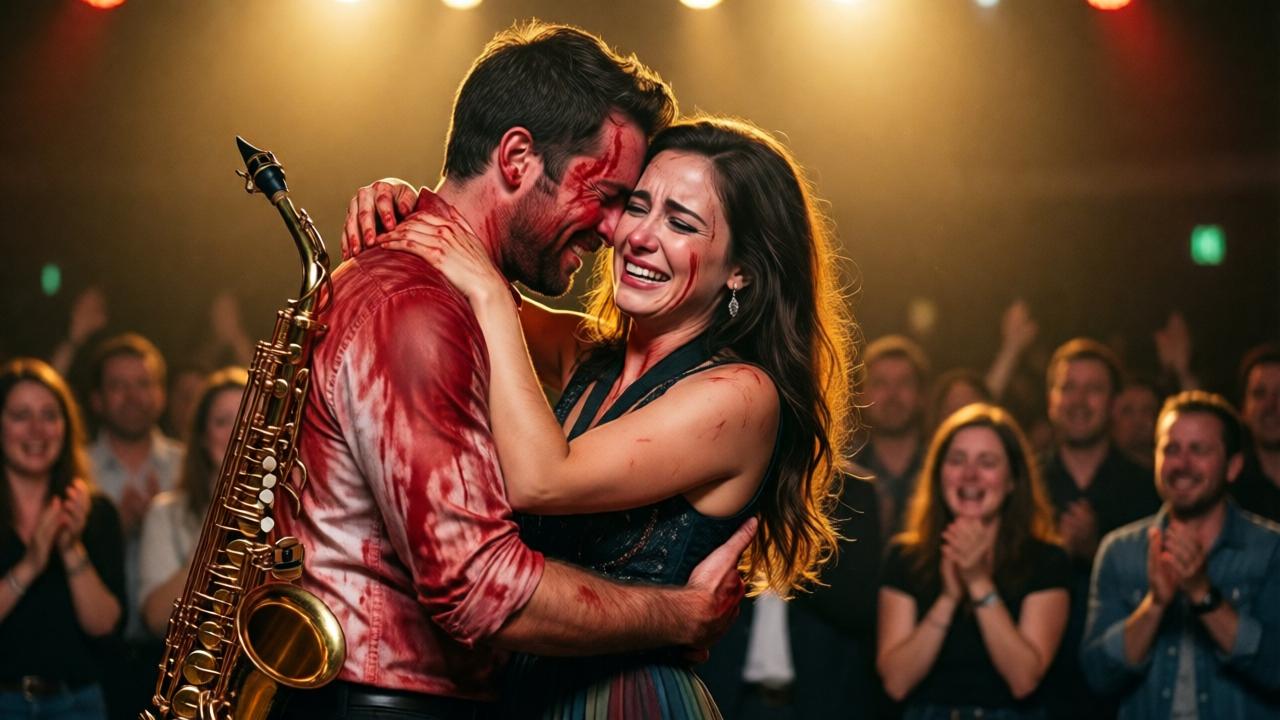 A powerful, emotional climax shot on stage. Daniel, covered in red paint, and Claire, elegantly dressed, are locked in a tight, tearful embrace under the warm glow of stage lights. The saxophone hangs at his side. The audience is a blur of standing, applauding, and crying figures in the background. The focus is on their faces: her disbelief and joy, his relief and belonging. The mood is overwhelmingly cathartic and triumphant, with golden light washing over them, symbolizing reunion and healing.