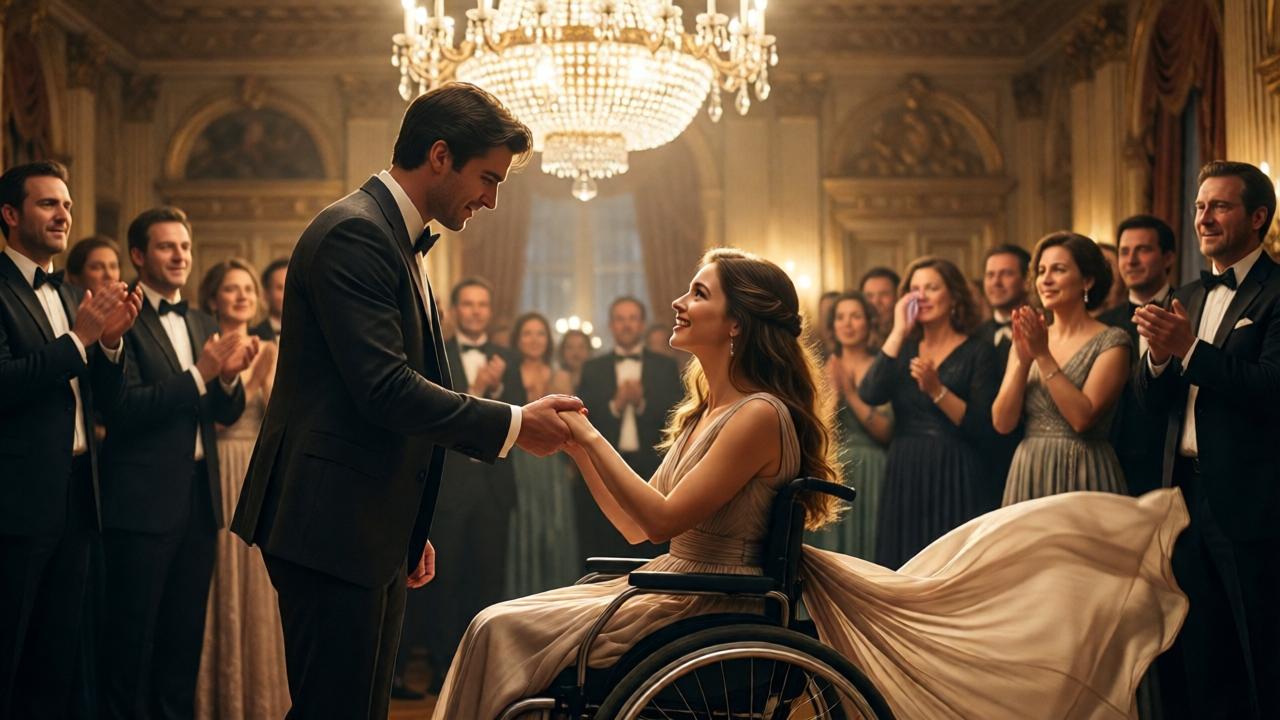 A powerful, cinematic scene in a luxurious ballroom. In the foreground, a young man in a modest dark suit gently holds the hand of a radiant young woman in an elegant wheelchair, her dress flowing around her. They are the focal point, bathed in a warm, golden spotlight from a giant crystal chandelier above. The background is a blur of formally dressed guests, some with hands raised in applause, others wiping tears, all looking on with awe and emotion. The style is photorealistic with a shallow depth of field, emphasizing the intimate connection between the two central figures. The mood is triumphant and deeply moving.