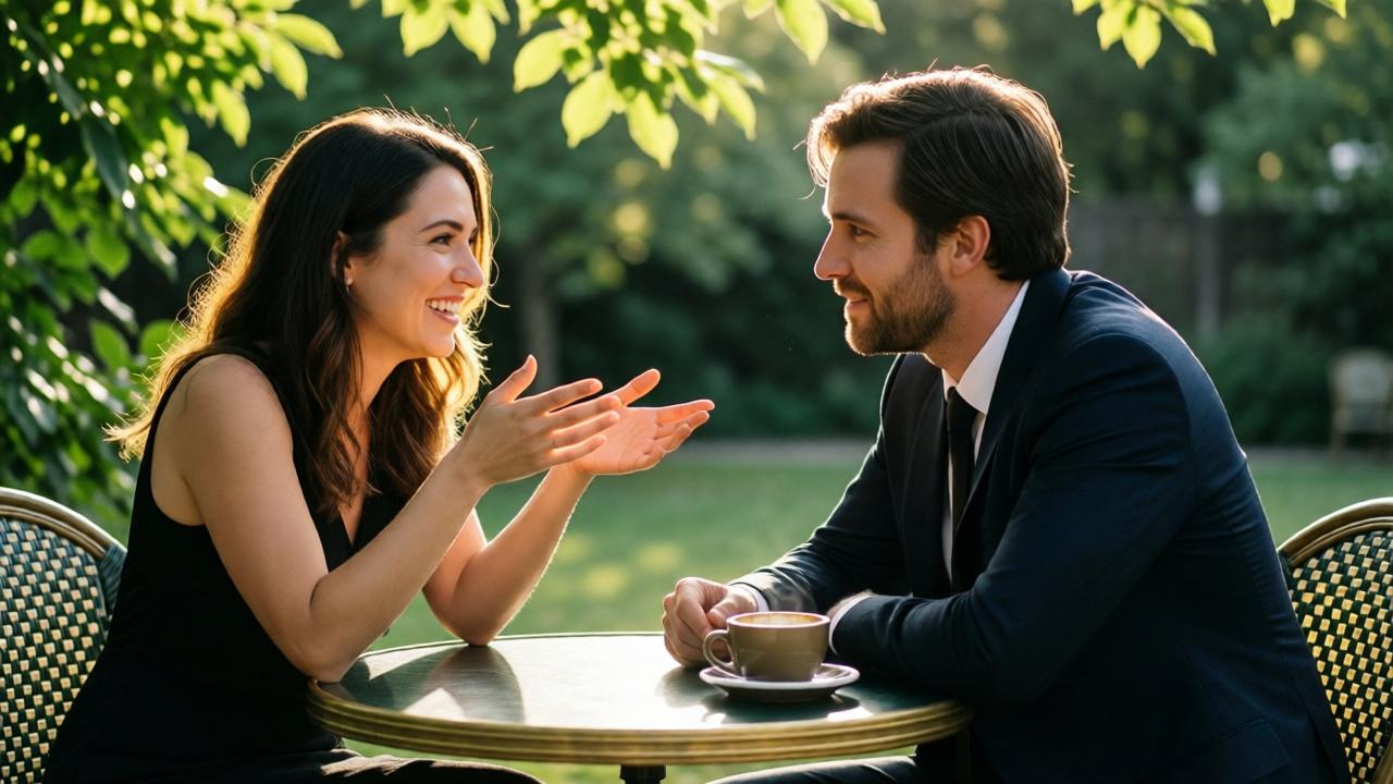 A warm, intimate scene at a small outdoor café table. Amanda and Gabriel are seated, deep in conversation. Sunlight filters through green leaves, creating dappled light on the table between them. Amanda is smiling, her hands animated as she talks. Gabriel listens intently, leaning forward slightly, a half-empty coffee cup near his elbow. The style is soft and natural, with a focus on their engaged expressions and the easy camaraderie between them. The mood is hopeful, authentic, and quietly joyful, a stark contrast to the formal ballroom.