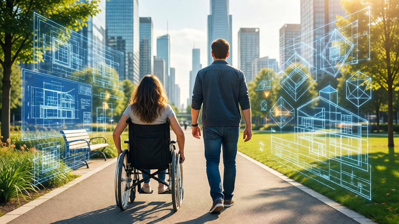 A symbolic, forward-looking image. Amanda and Gabriel are shown from behind, walking away from the viewer down a sunlit, accessible pathway in a modern urban park. Amanda is in her wheelchair, Gabriel walking beside her, both looking towards a futuristic, inclusive cityscape in the distance. Architectural blueprints and geometric shapes symbolizing design and engineering float subtly in the air around them. The style is aspirational and slightly stylized, with a bright, optimistic color palette. The mood is one of partnership, progress, and building a better future together.